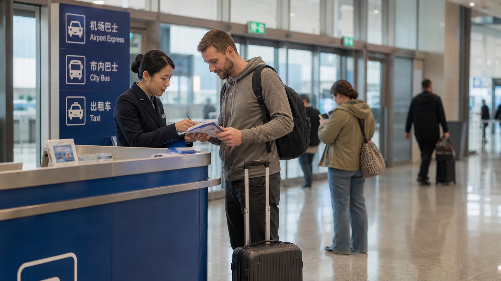 Traveler finding airport train
