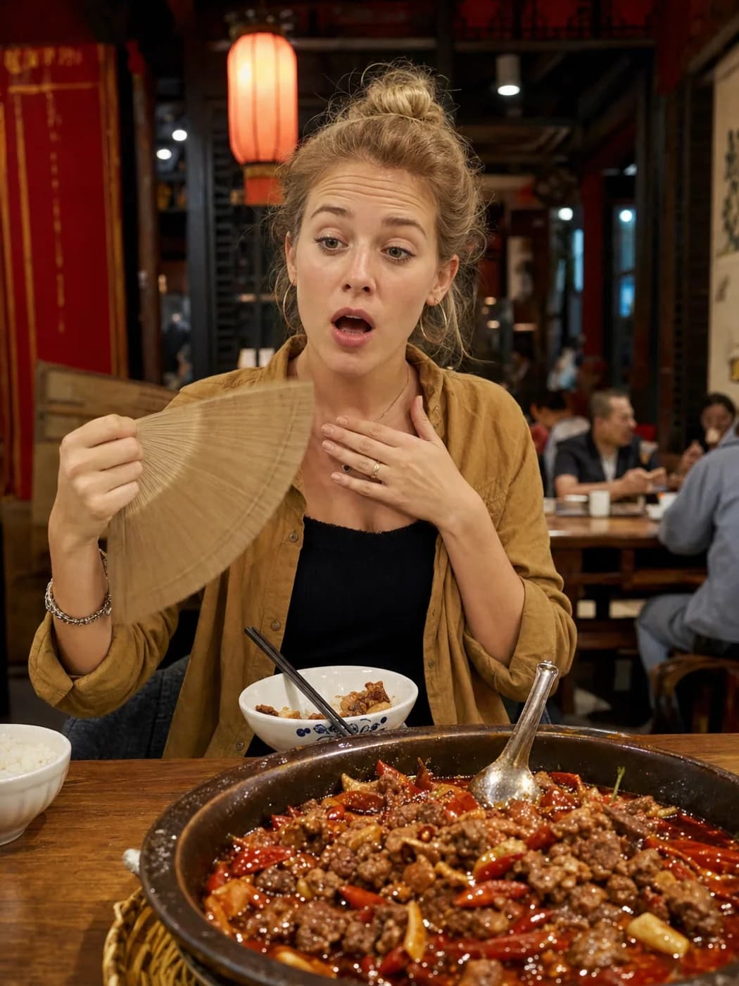 Traveler reacting to spicy duck