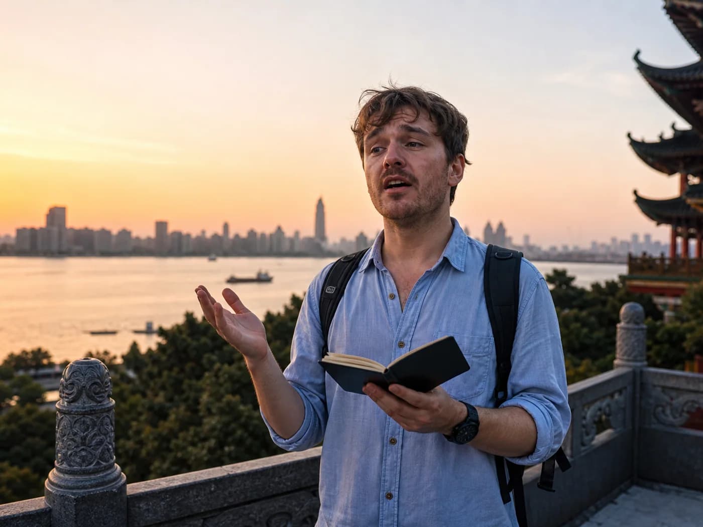 Traveler reading poetry at pavilion