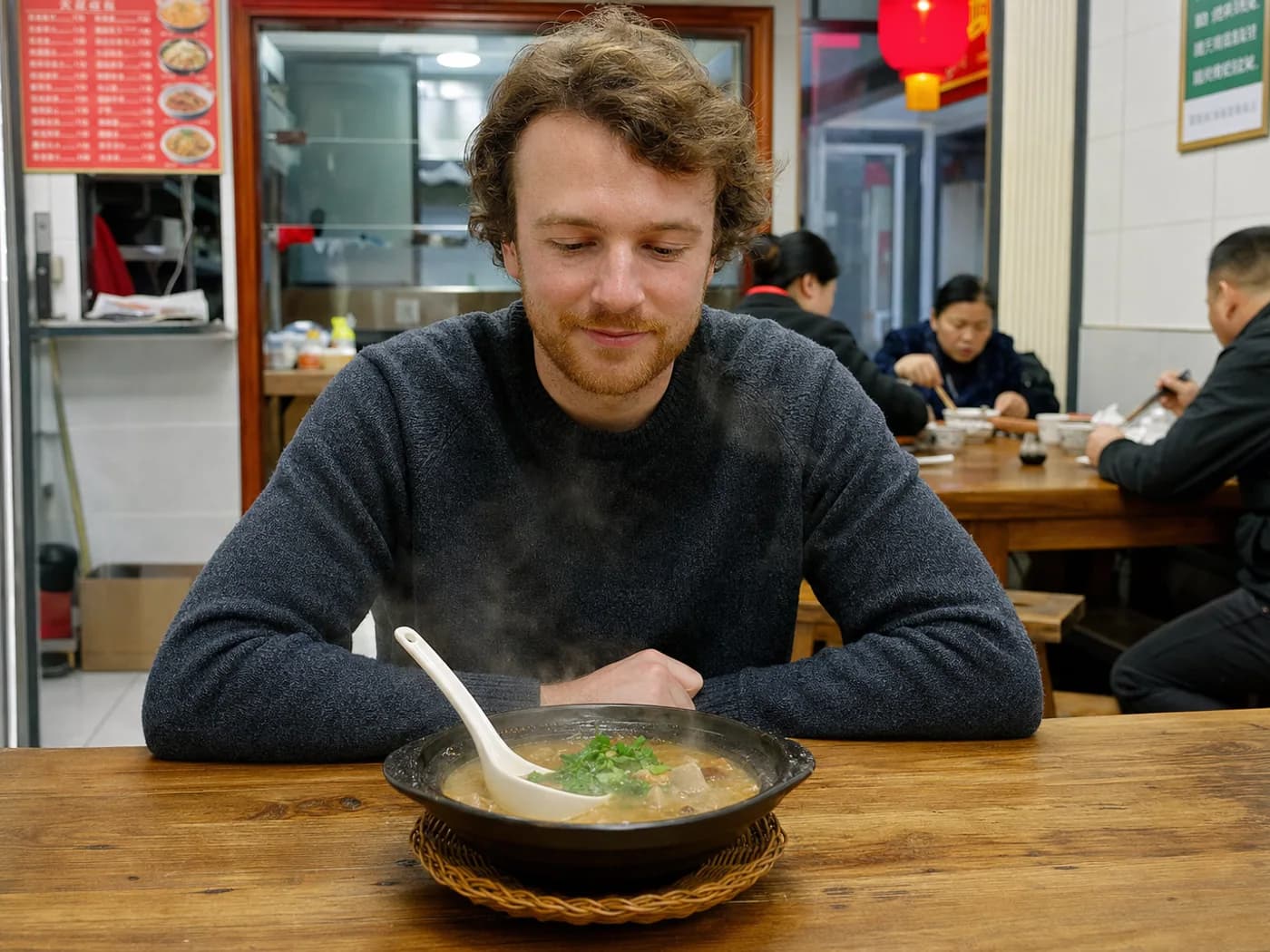 Traveler waiting for claypot soup