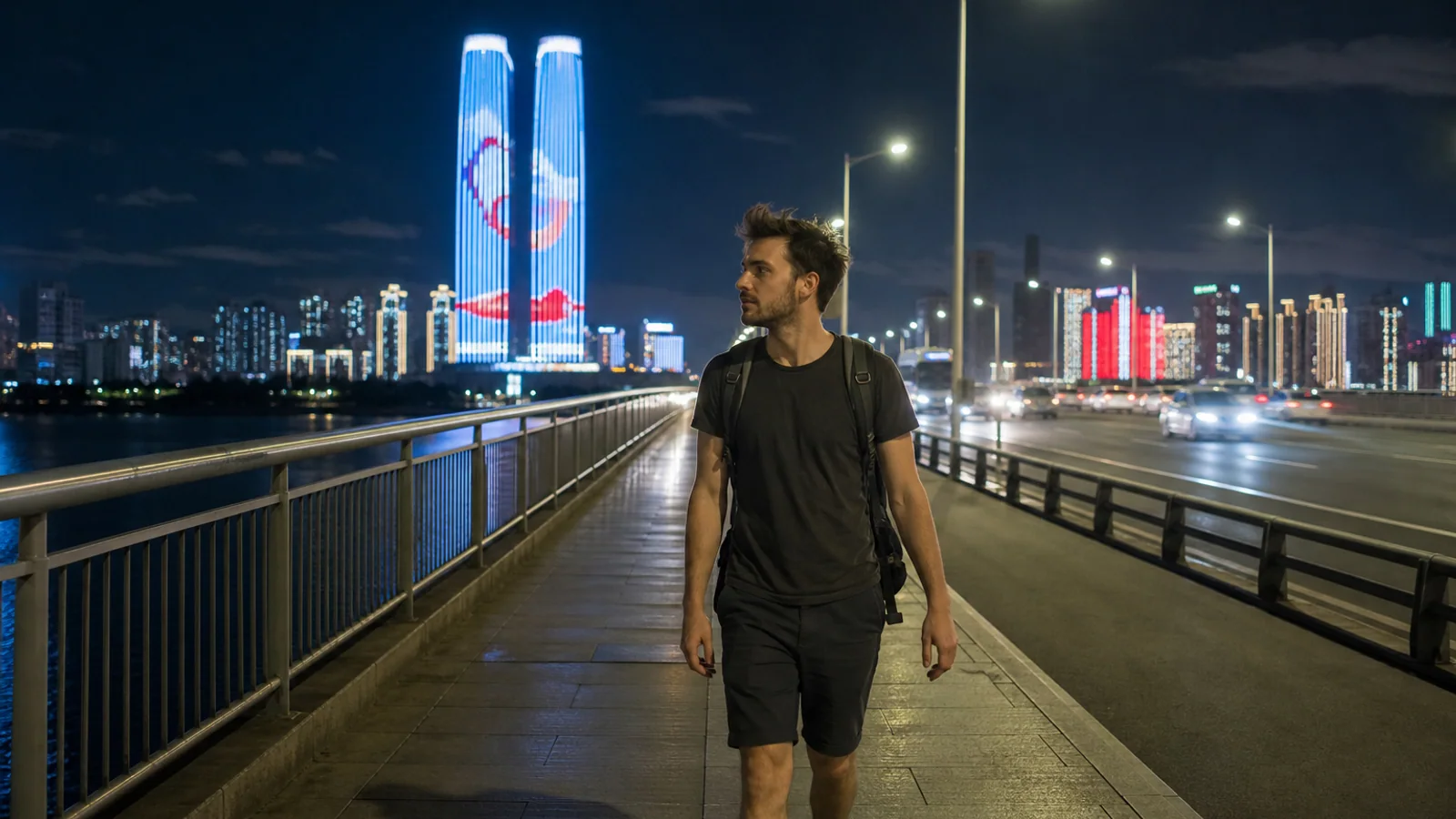 Travelers walking river bridge at night
