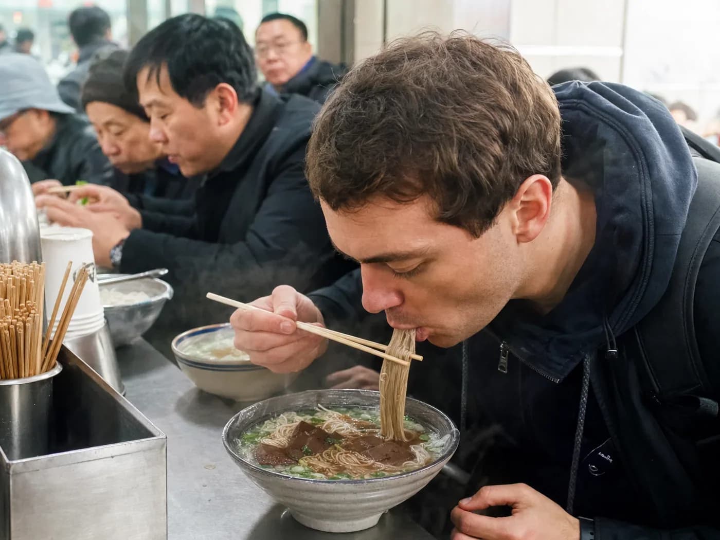 Traveler eating duck blood soup