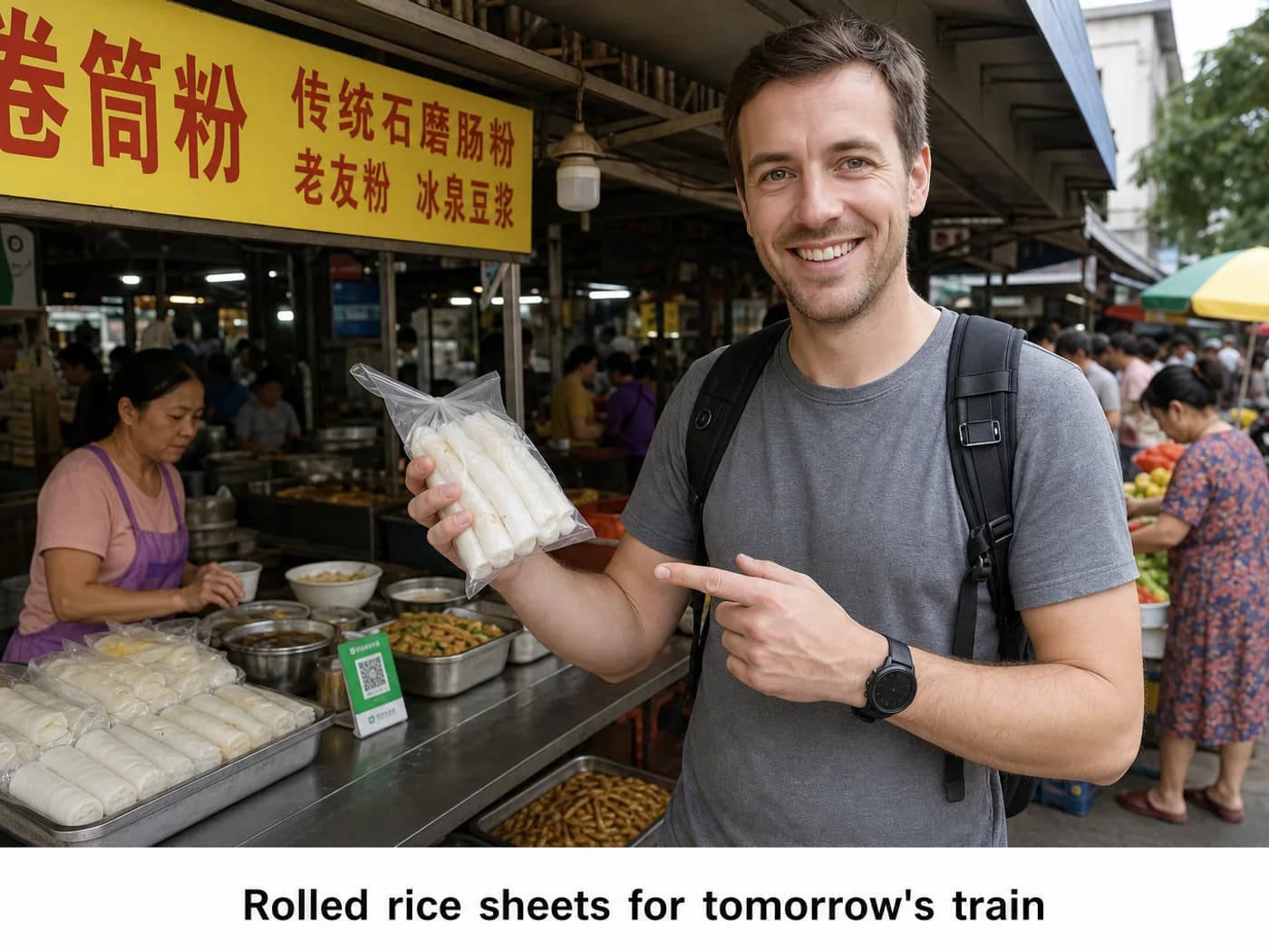 Traveler buying rolled rice noodles