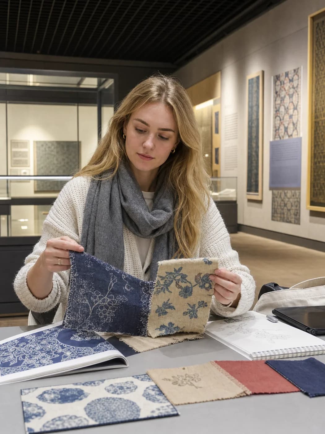 Traveler studying textile exhibit
