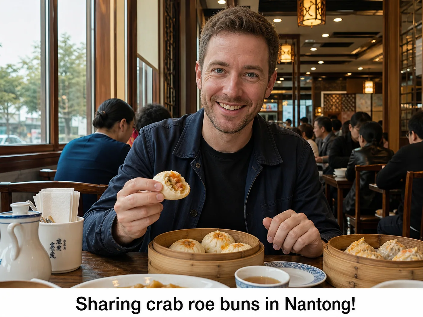 Travelers eating crab roe buns