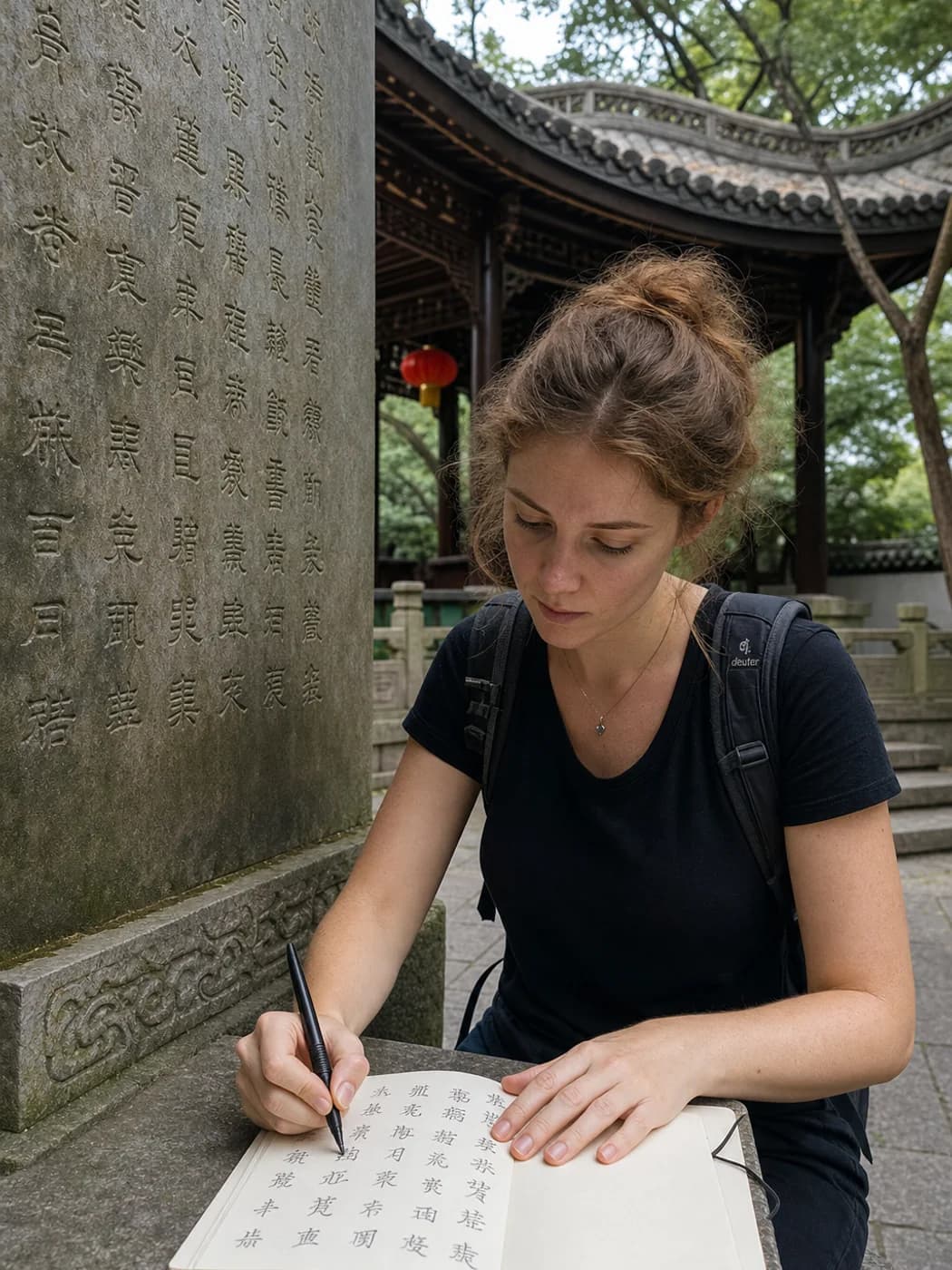 Traveler tracing calligraphy in Ningbo