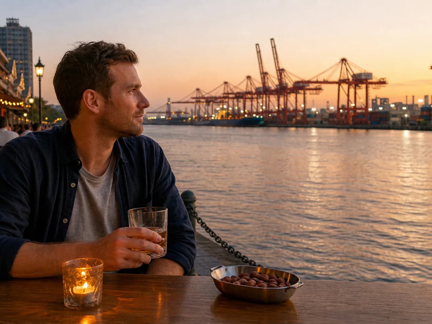 Travelers at Ningbo waterfront bar