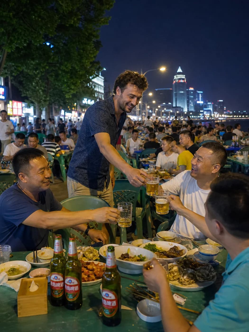 Travelers clinking beer glasses outdoors