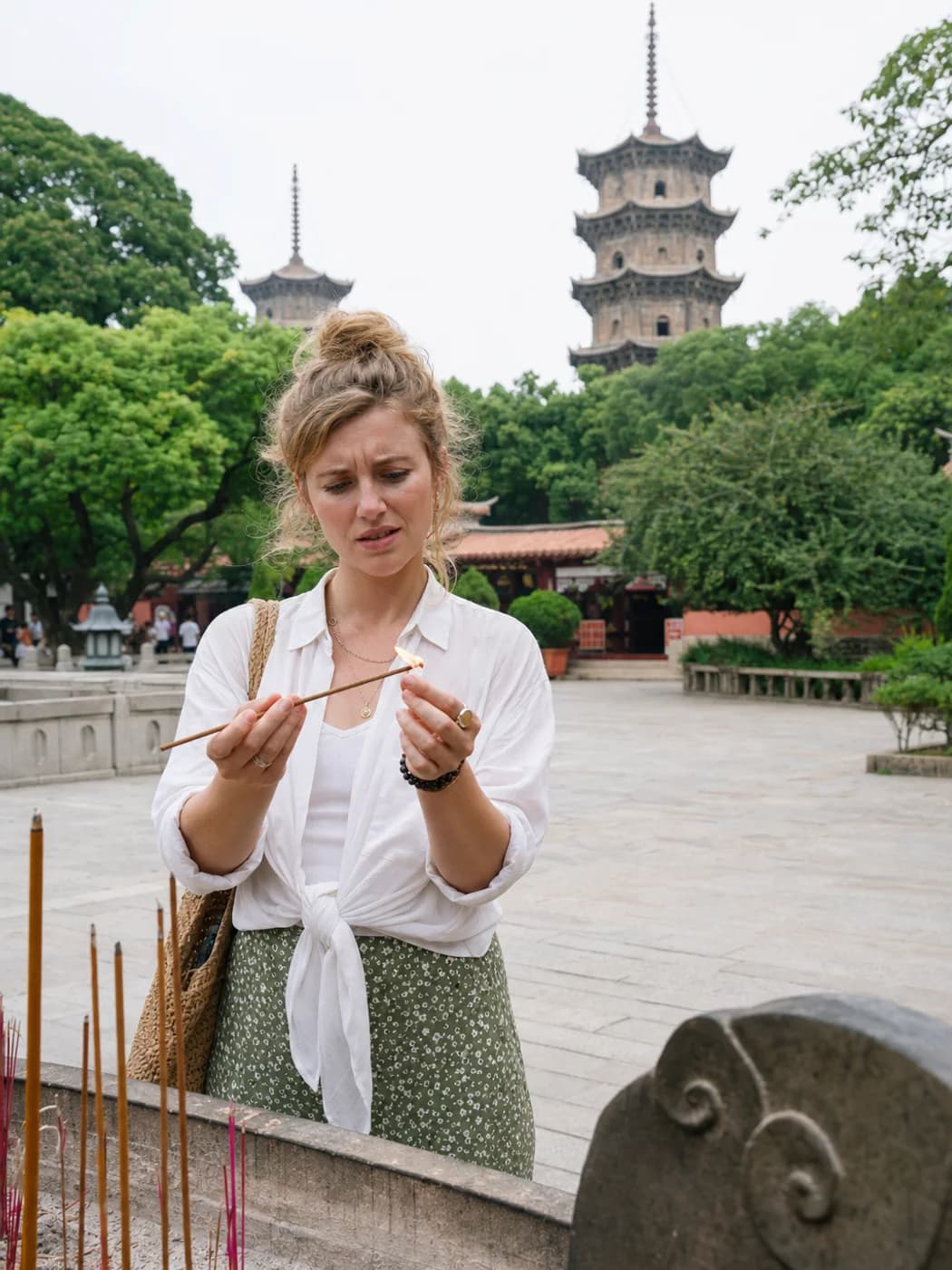 Visitor learning incense ritual