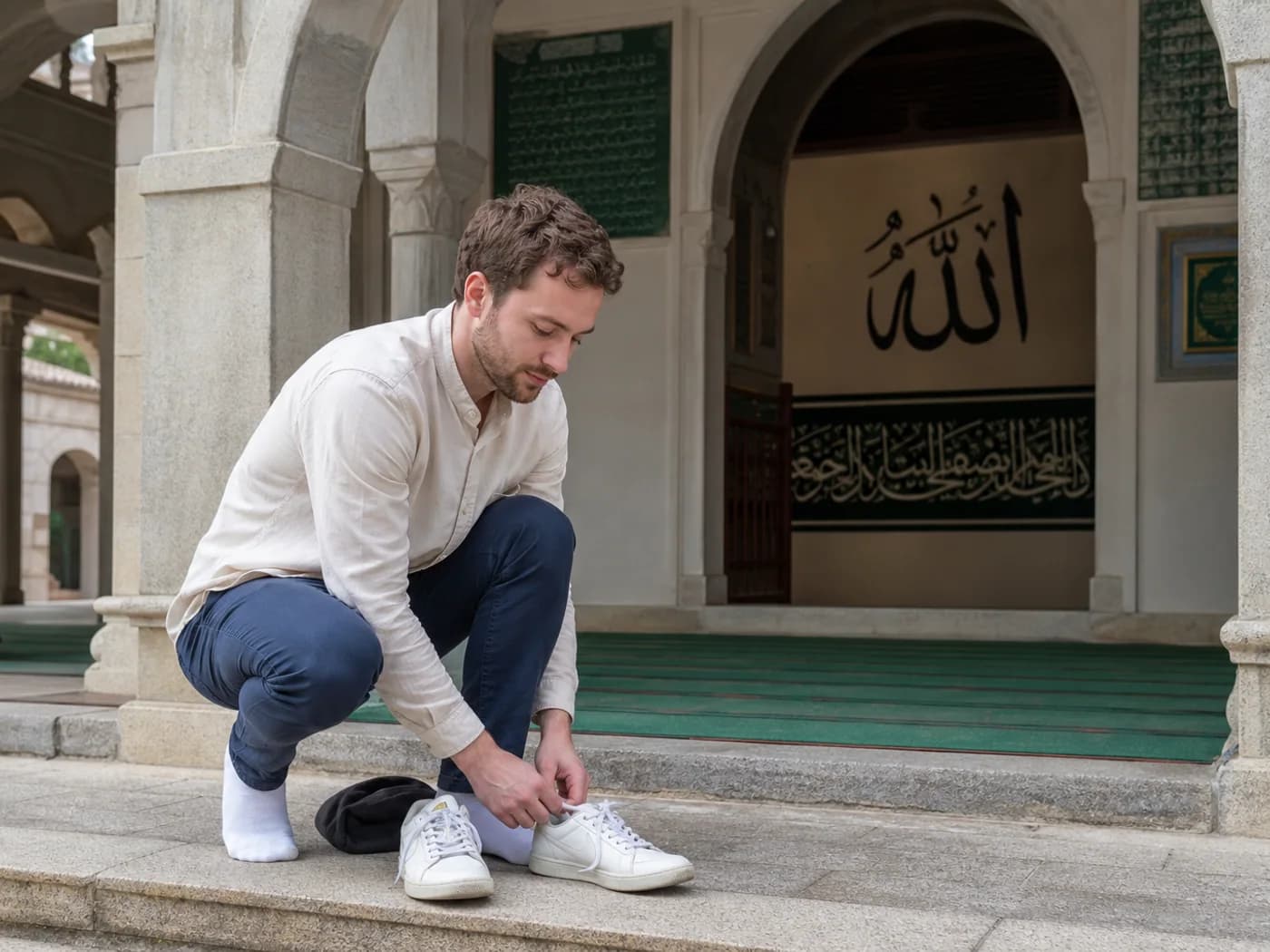 Traveler removing shoes at mosque