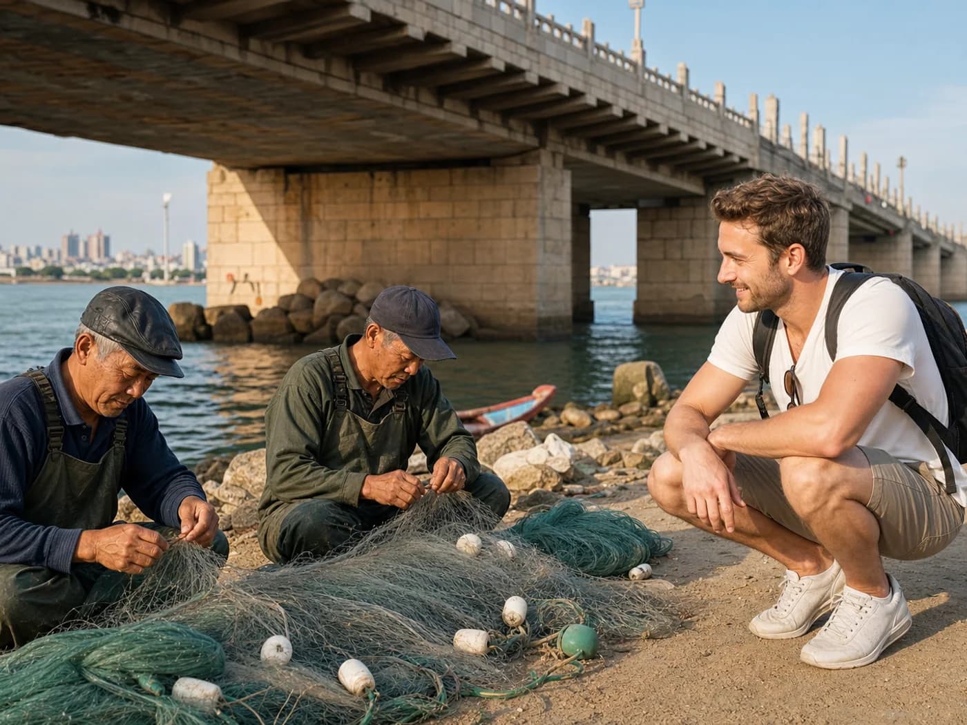 Travelers observing fishermen
