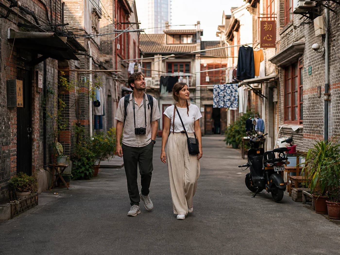 Travelers wandering Shanghai lanes