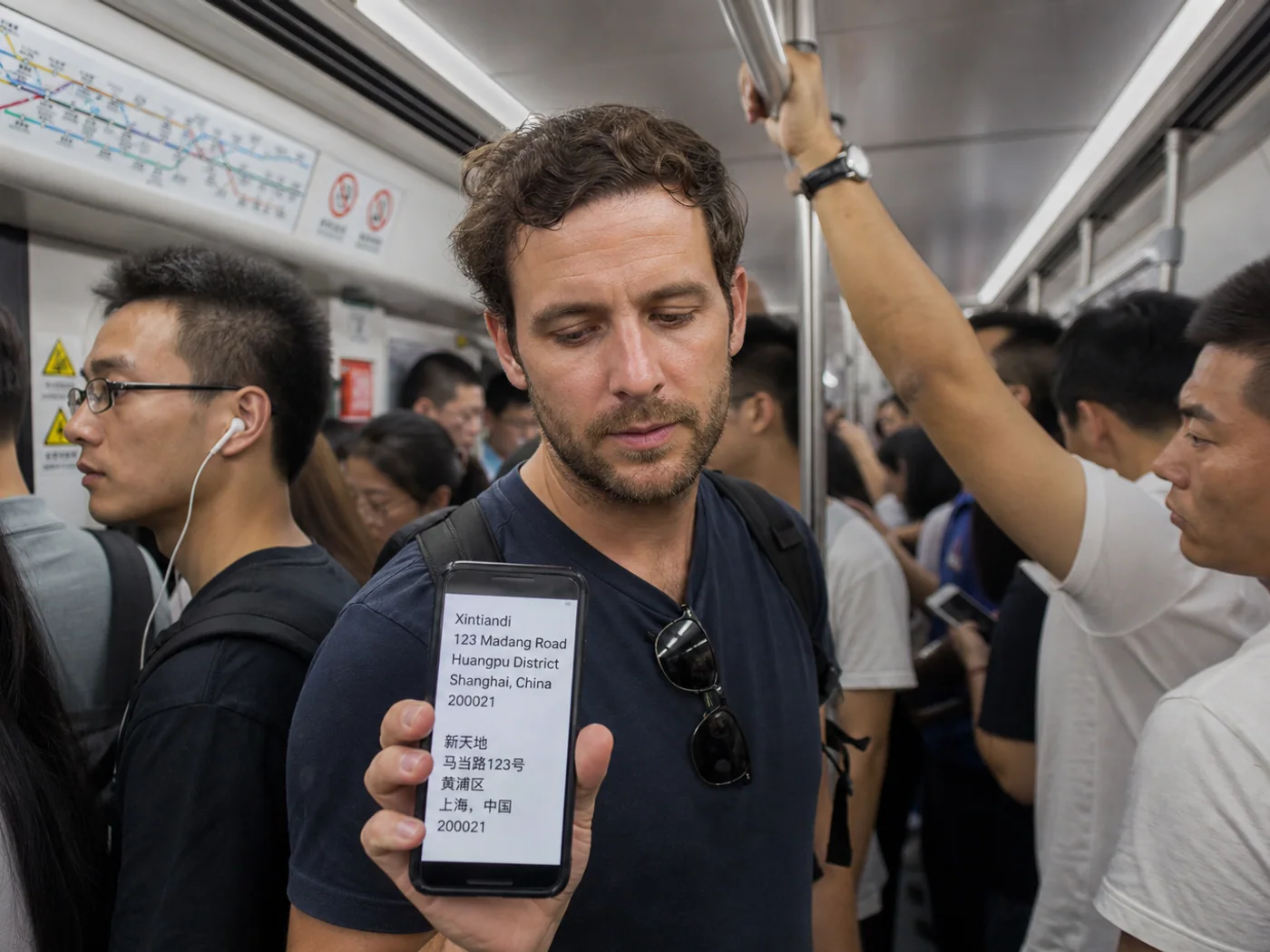 Traveler on Shanghai metro with phone