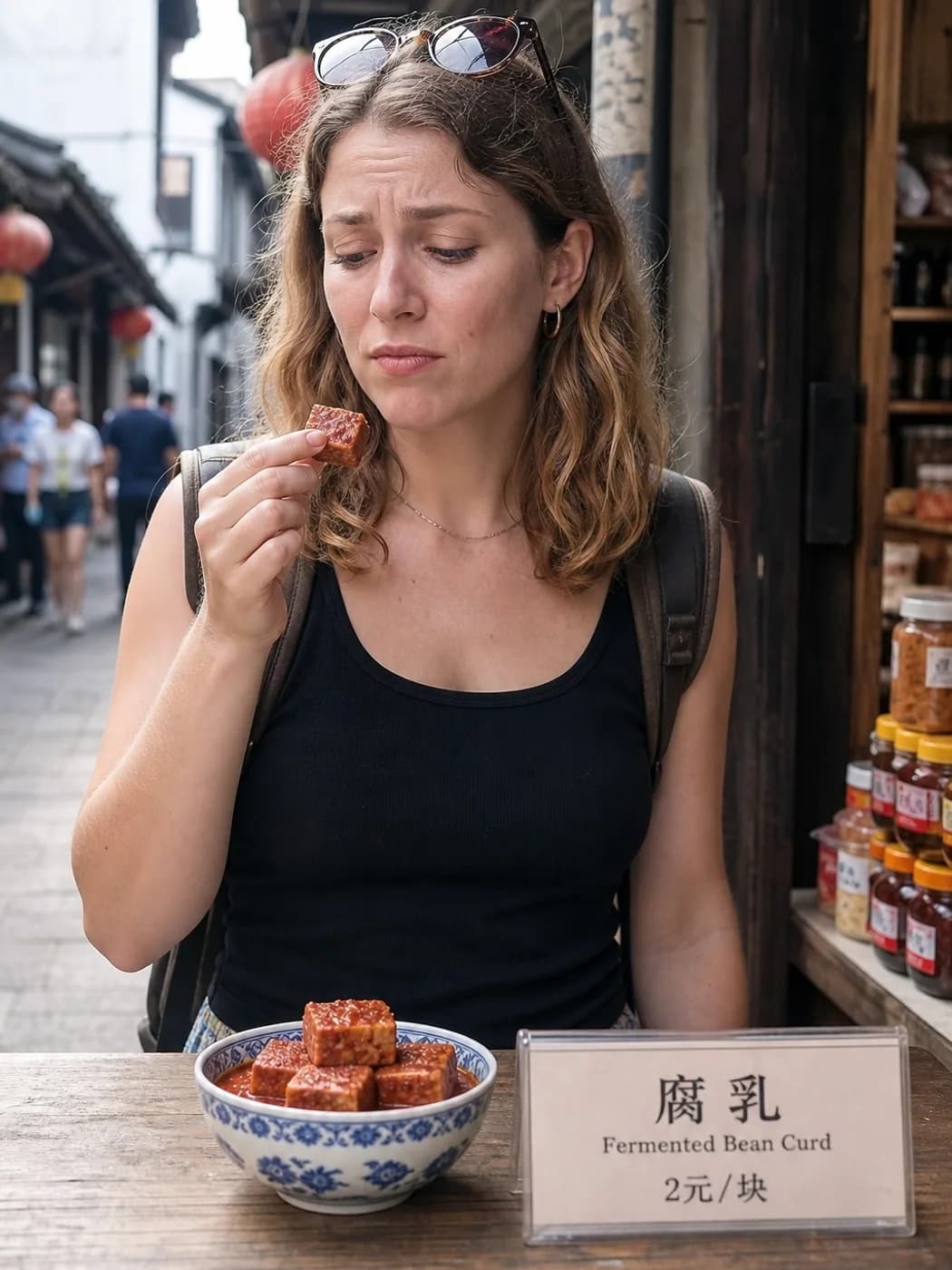 Traveler sampling fermented tofu