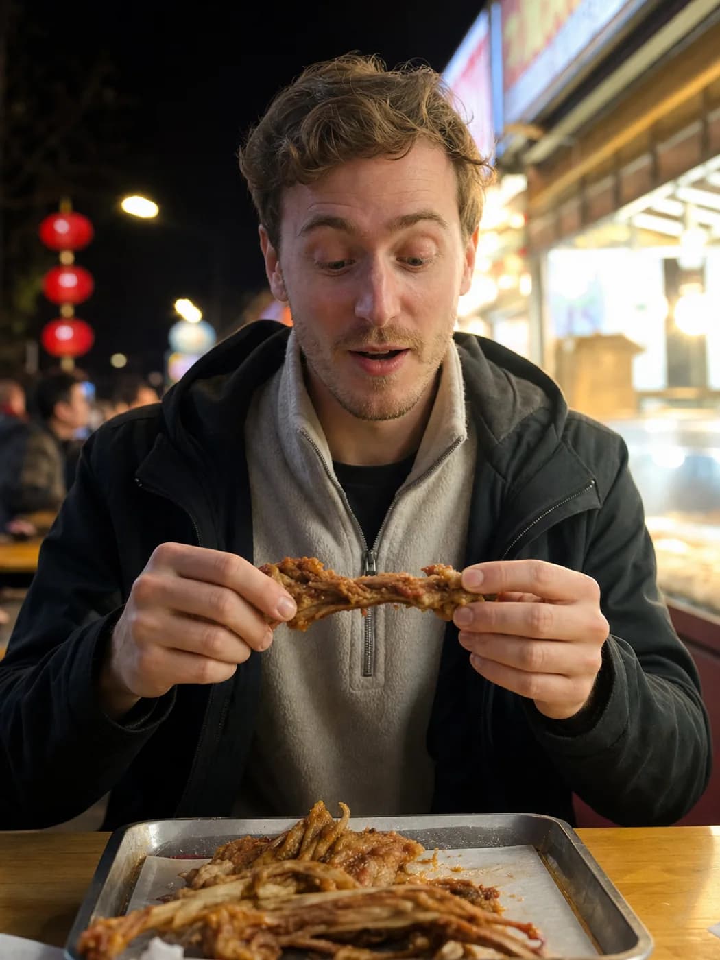 Traveler eating Shenyang chicken rack