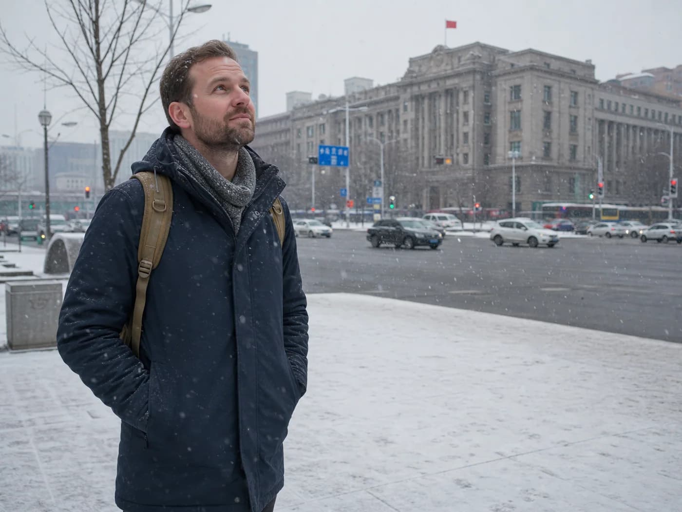 Traveler in snow on Shenyang avenue