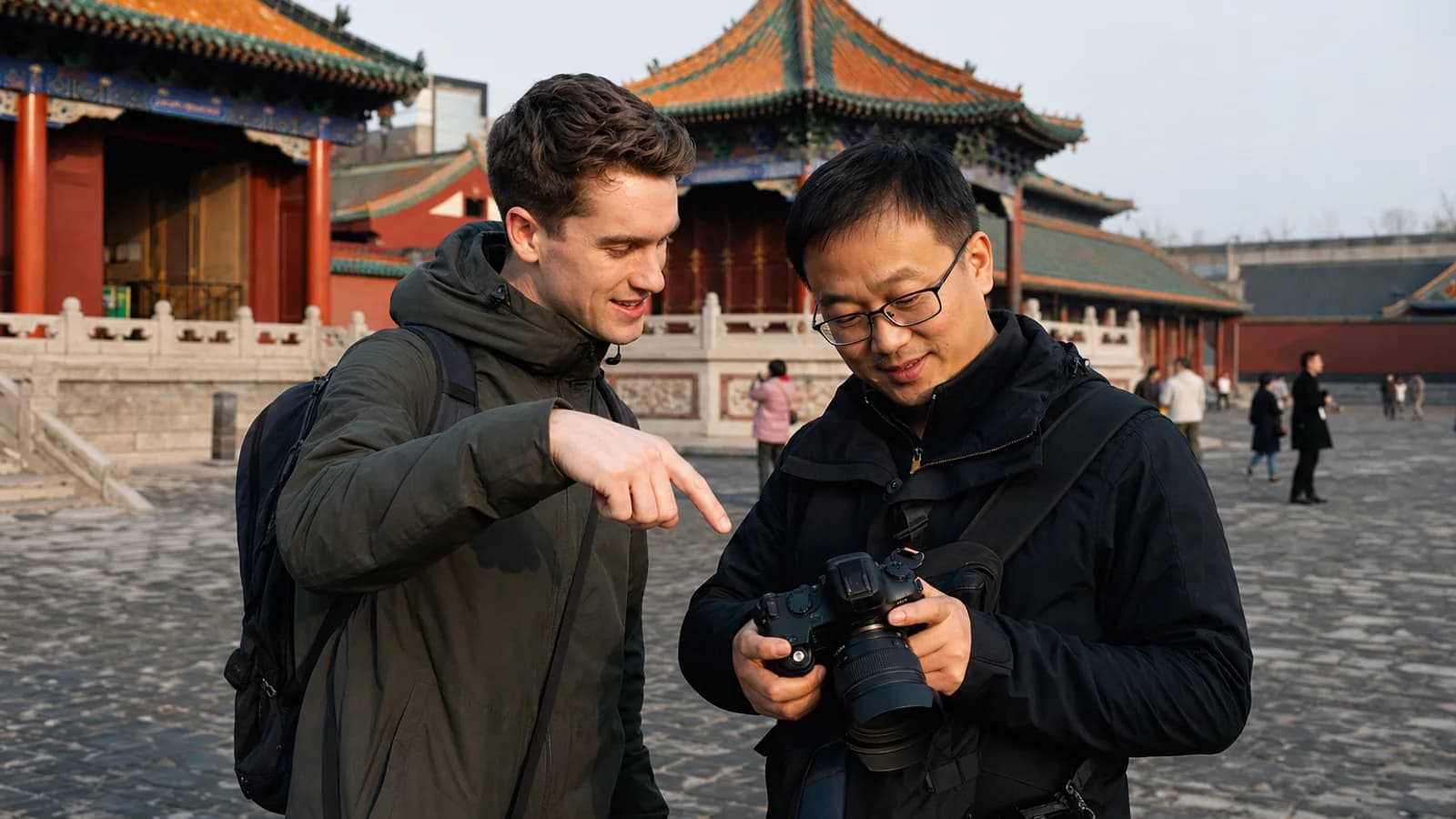 Travelers photographing palace details