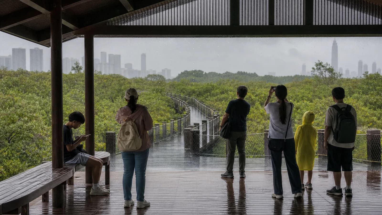 Travelers waiting out rain