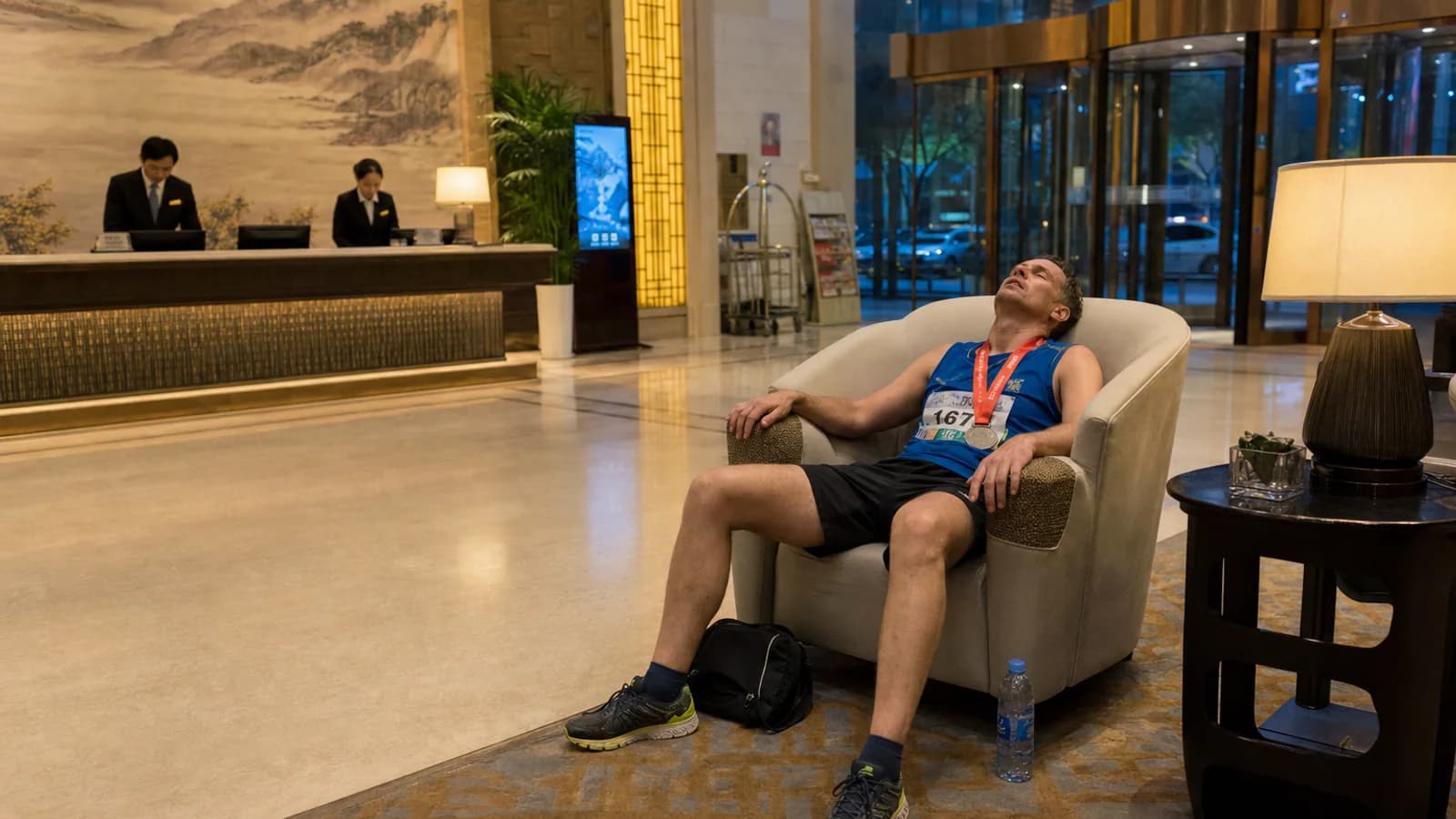 Tired traveler returning from excursion