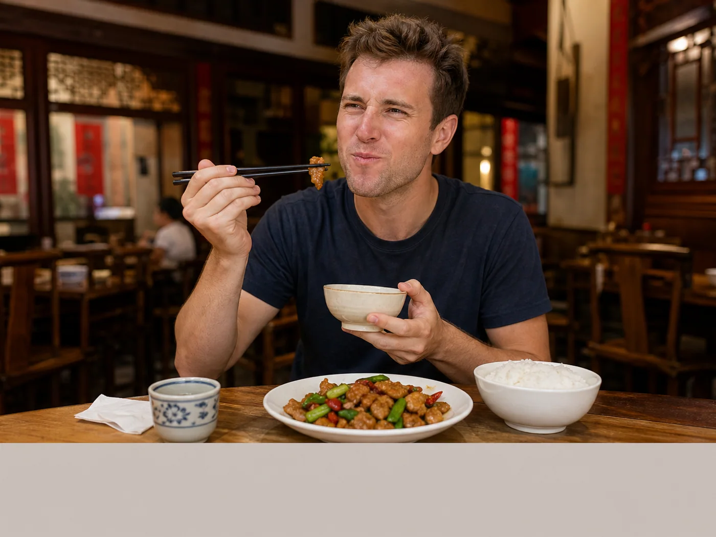 Visitors sharing Shanxi pork dish