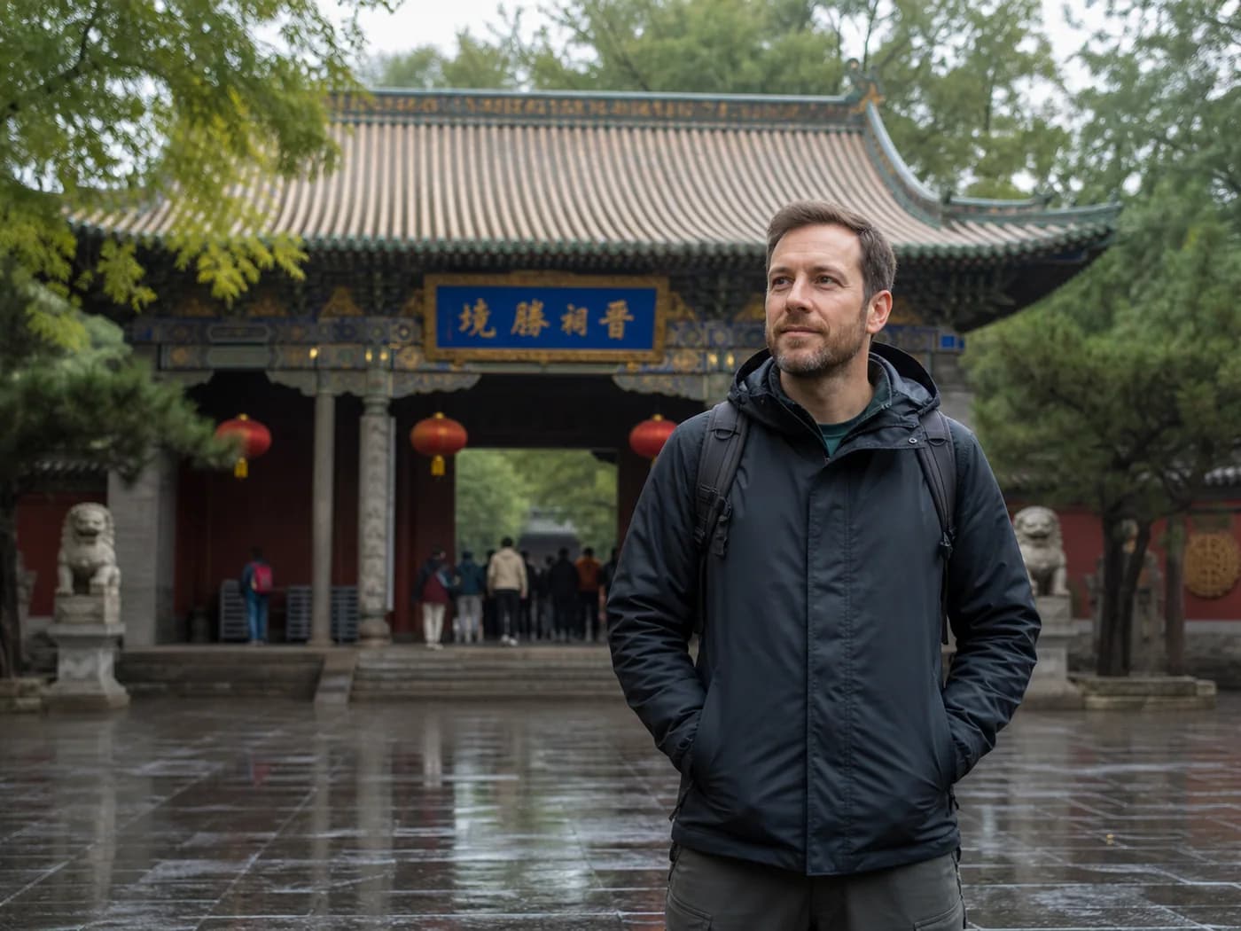Early visitor entering quiet temple