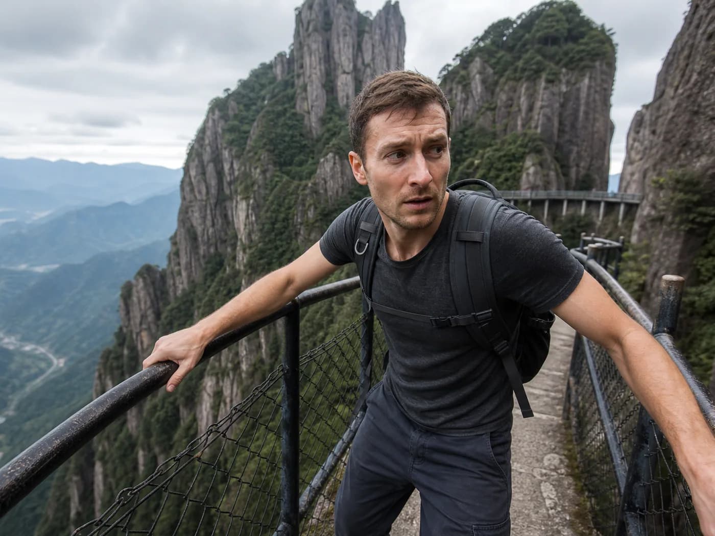 Traveler on peak walkway
