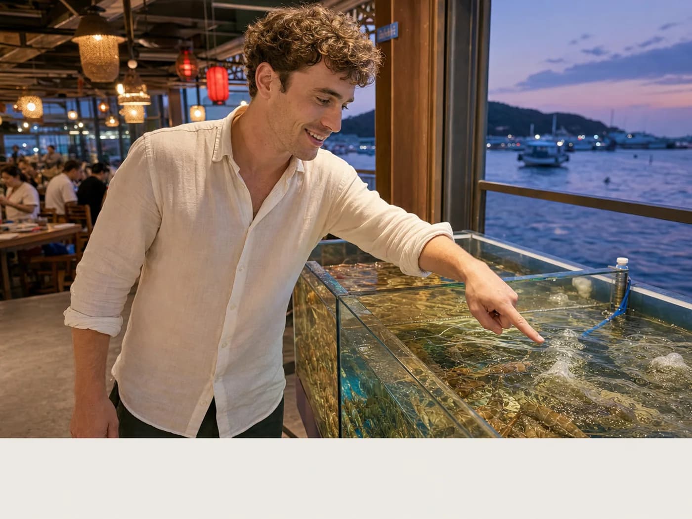 Traveler selecting seafood