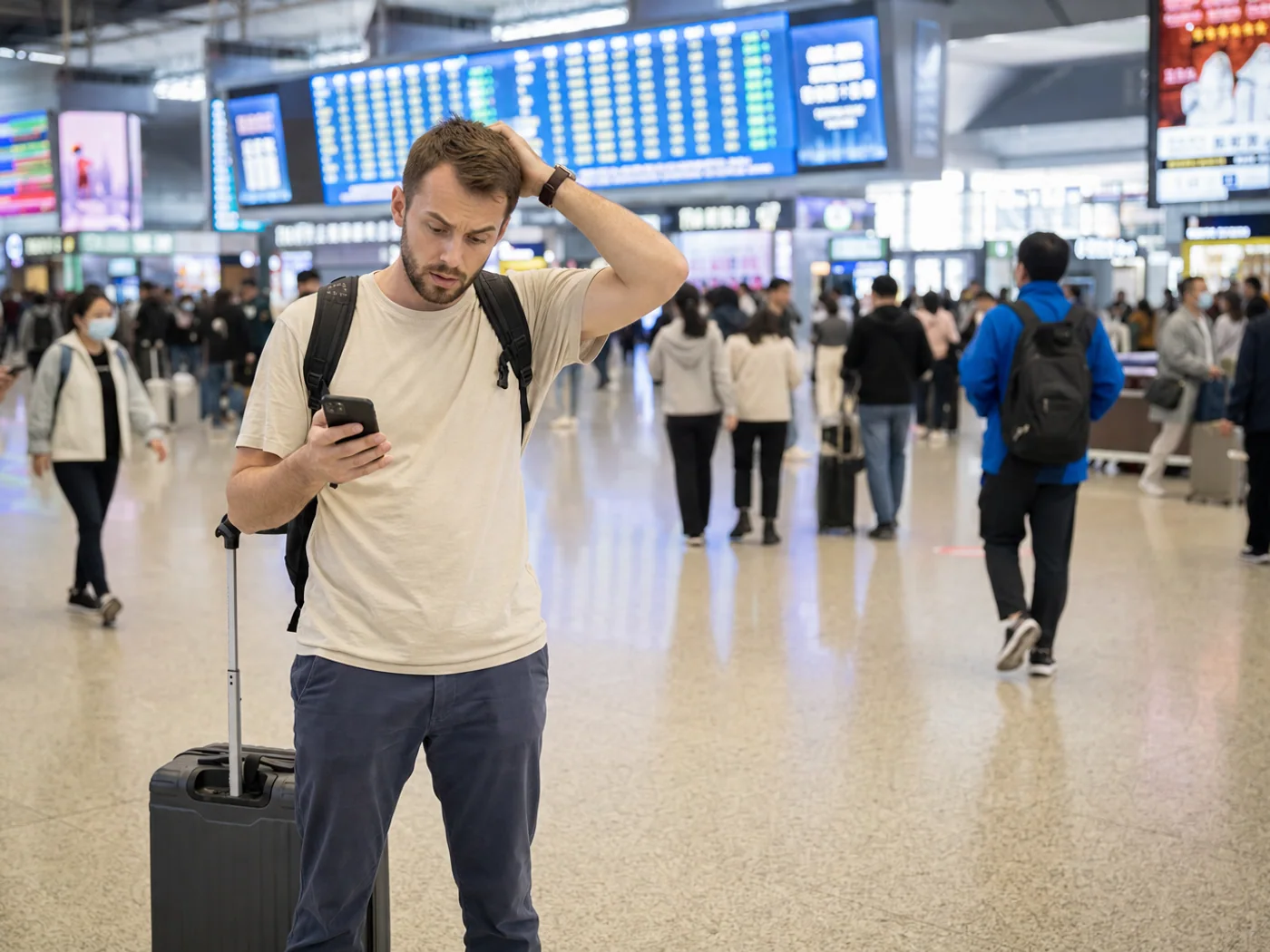 Traveler checking phone at Tianjin rail station