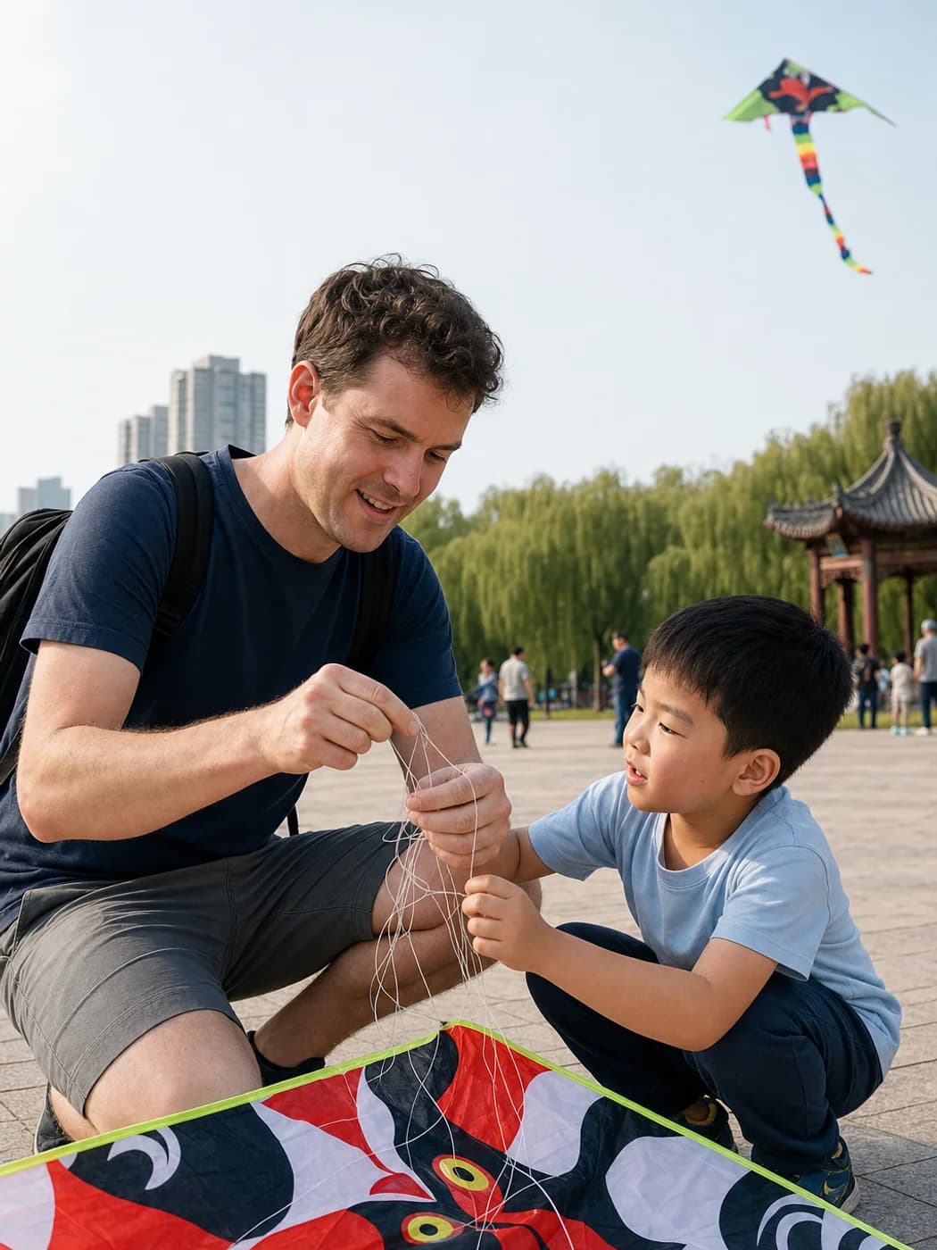 Traveler fixing kite with local child