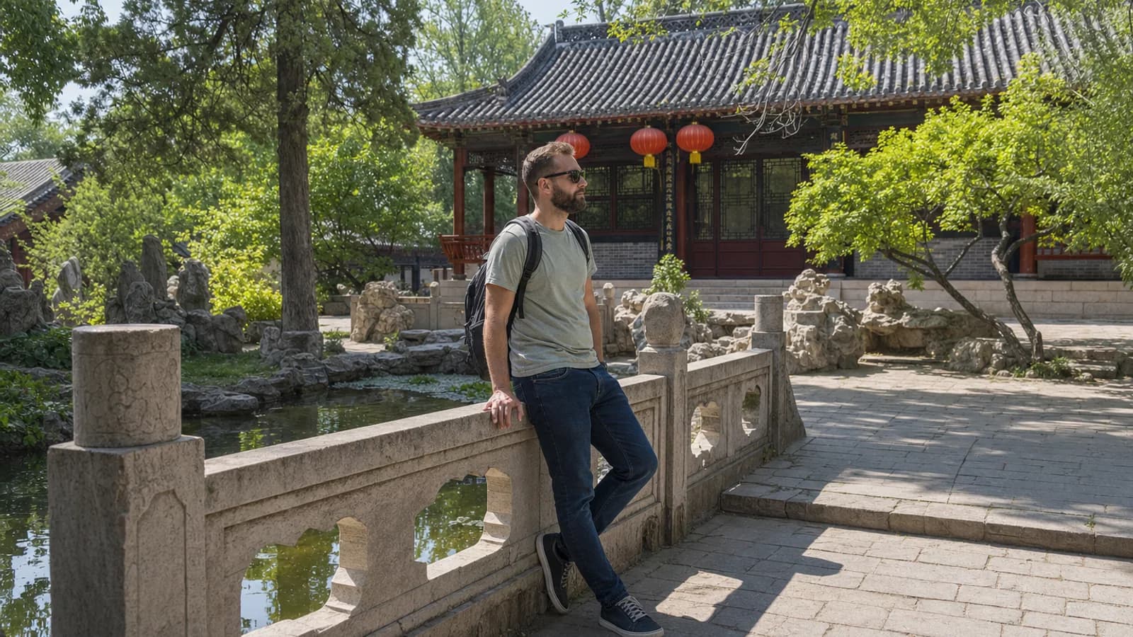 Visitor resting in Weifang garden