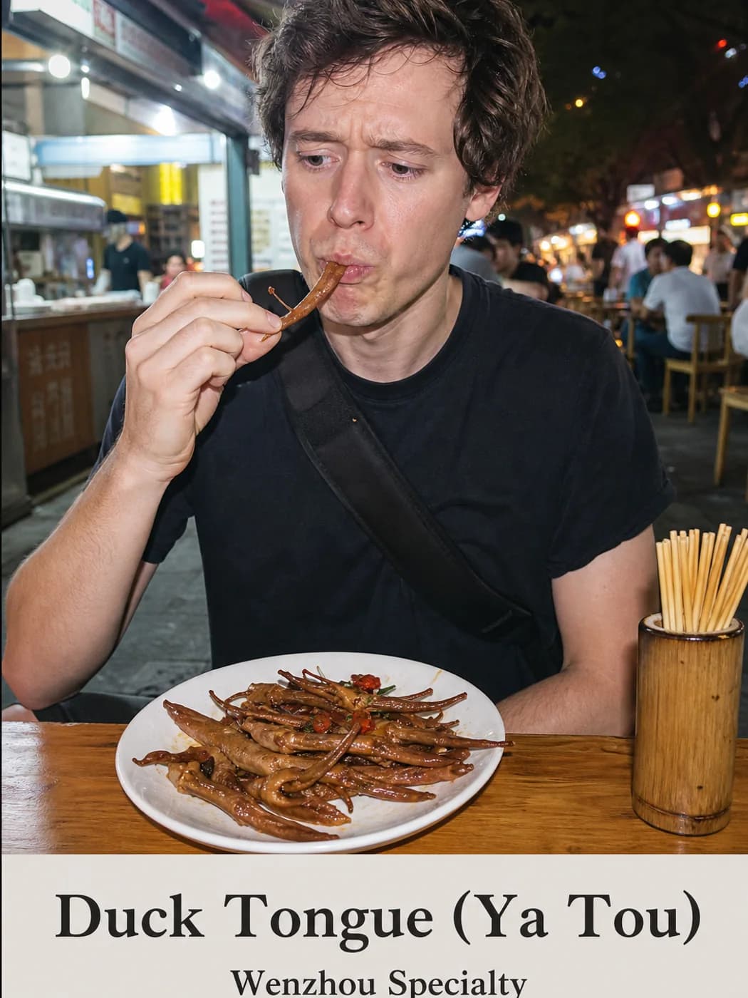 Traveler trying duck tongue snack