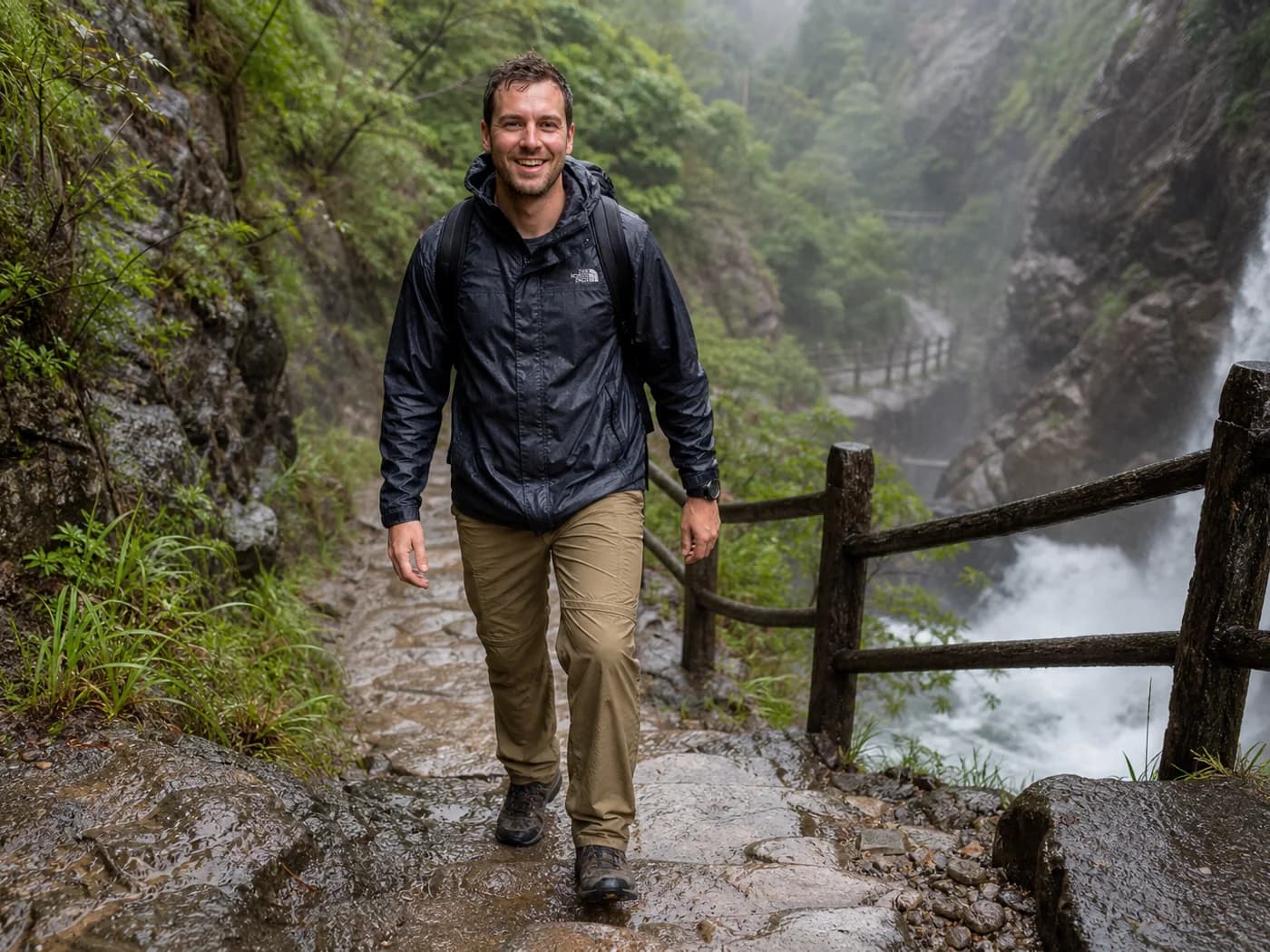 Hikers near Wenzhou waterfall