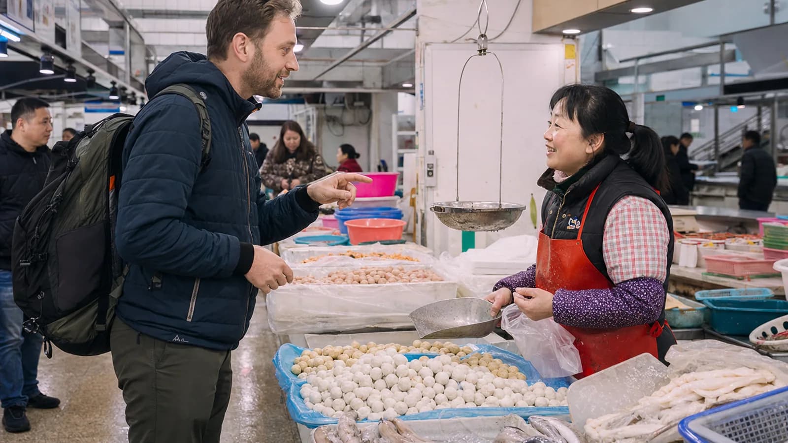 Traveler buying fish balls