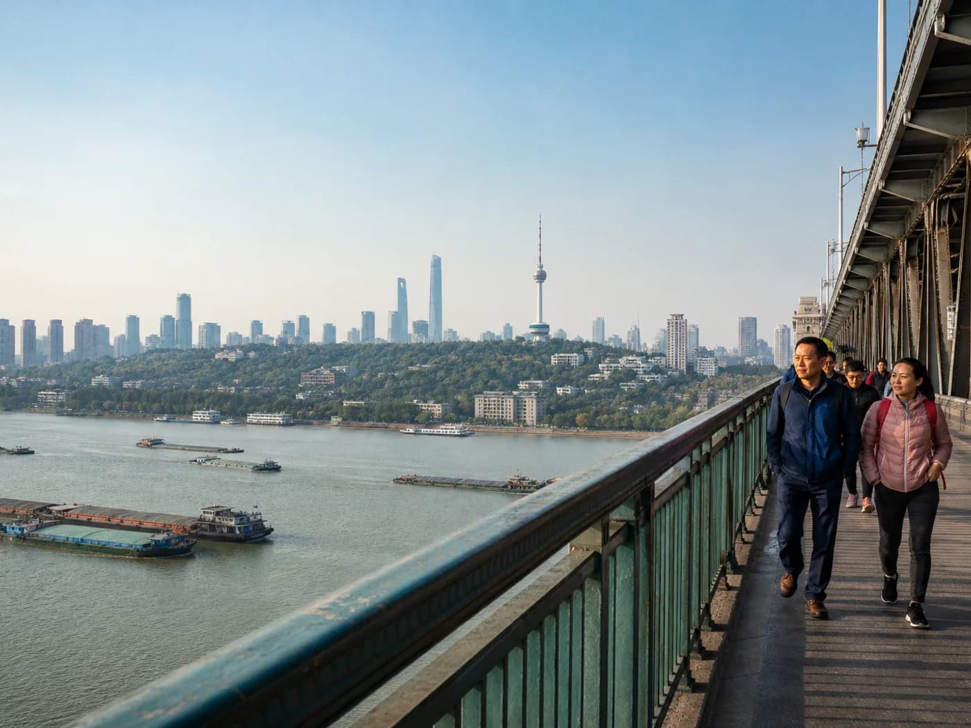 Travelers walking Wuhan bridge