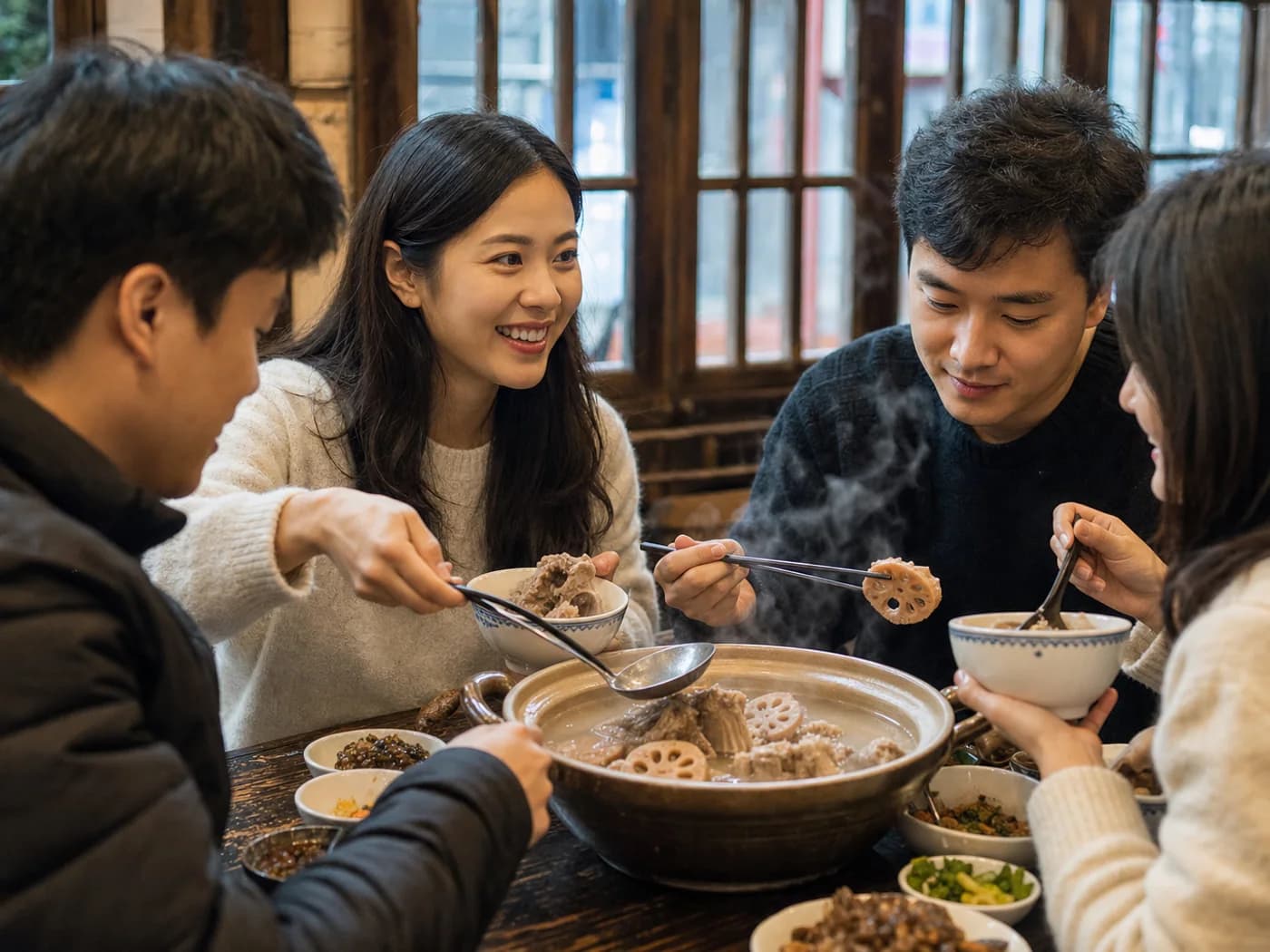 Travelers sharing lotus soup