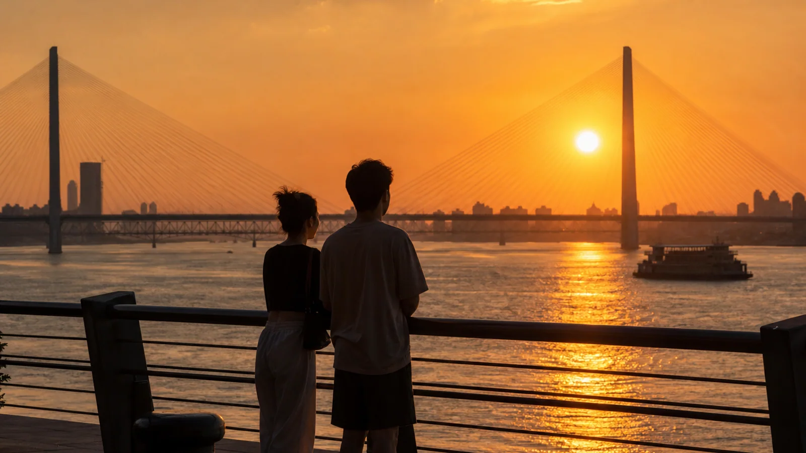 Travelers at Wuhan riverfront sunset