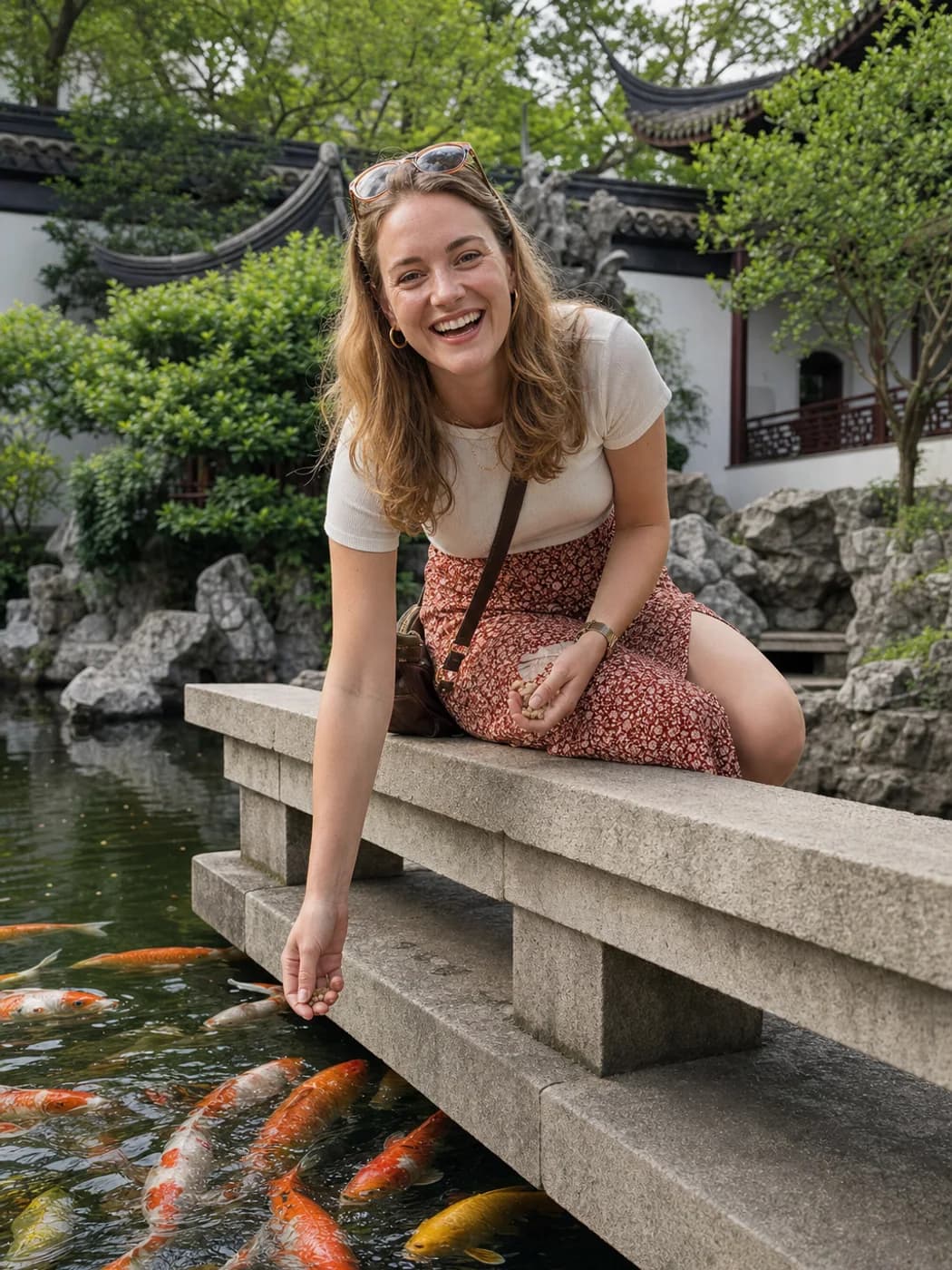 Traveler feeding fish in Wuxi garden