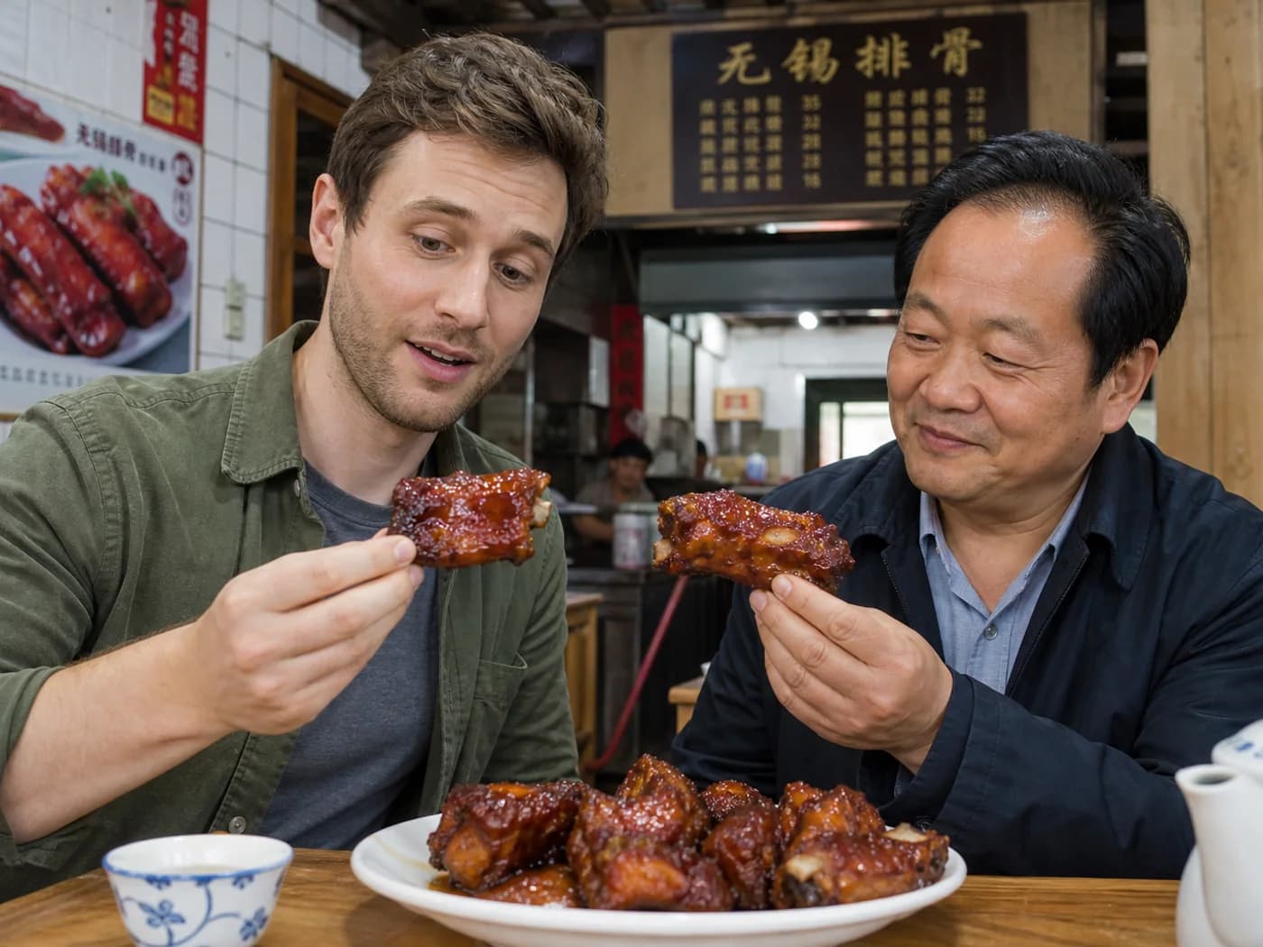Travelers eating Wuxi spare ribs