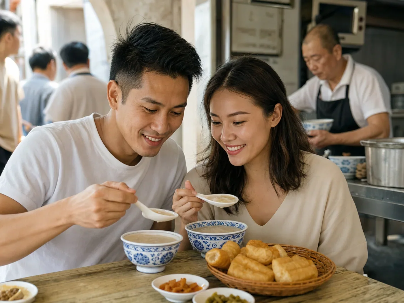 Travelers eating peanut soup breakfast