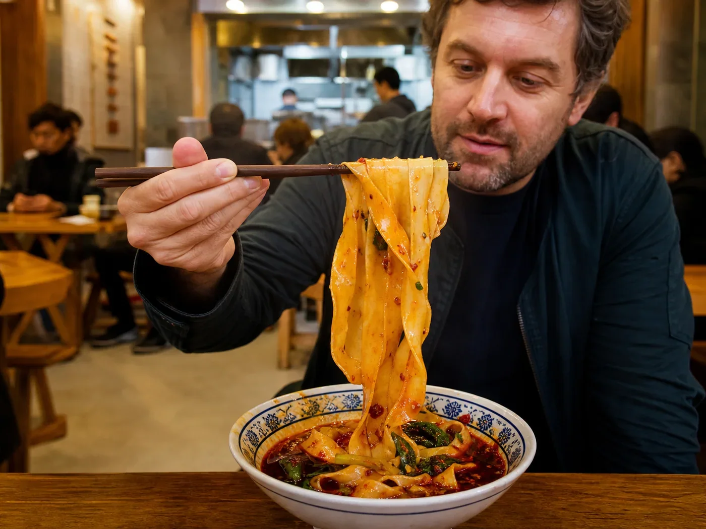 Traveler eating wide noodles