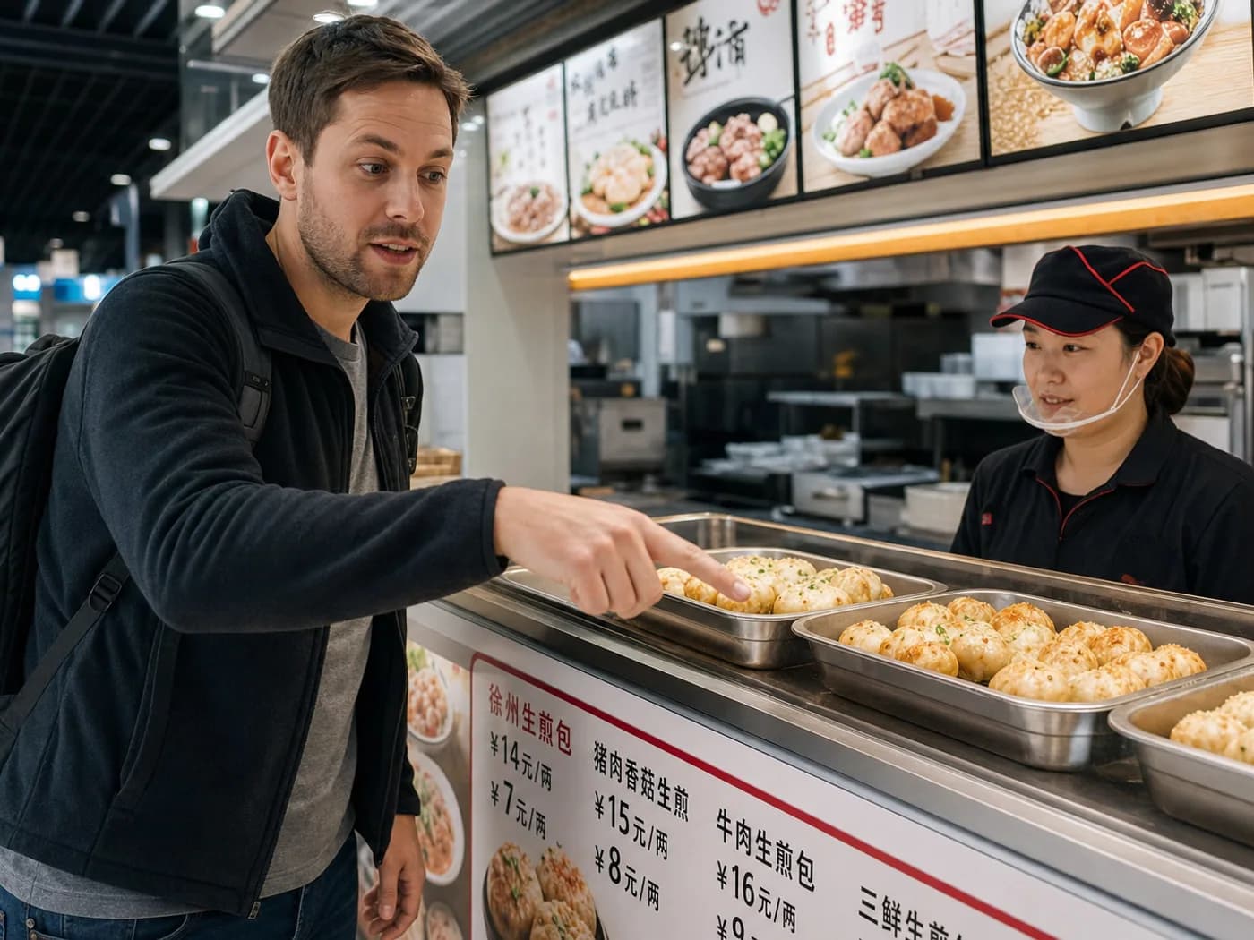 Traveler ordering fried dumplings