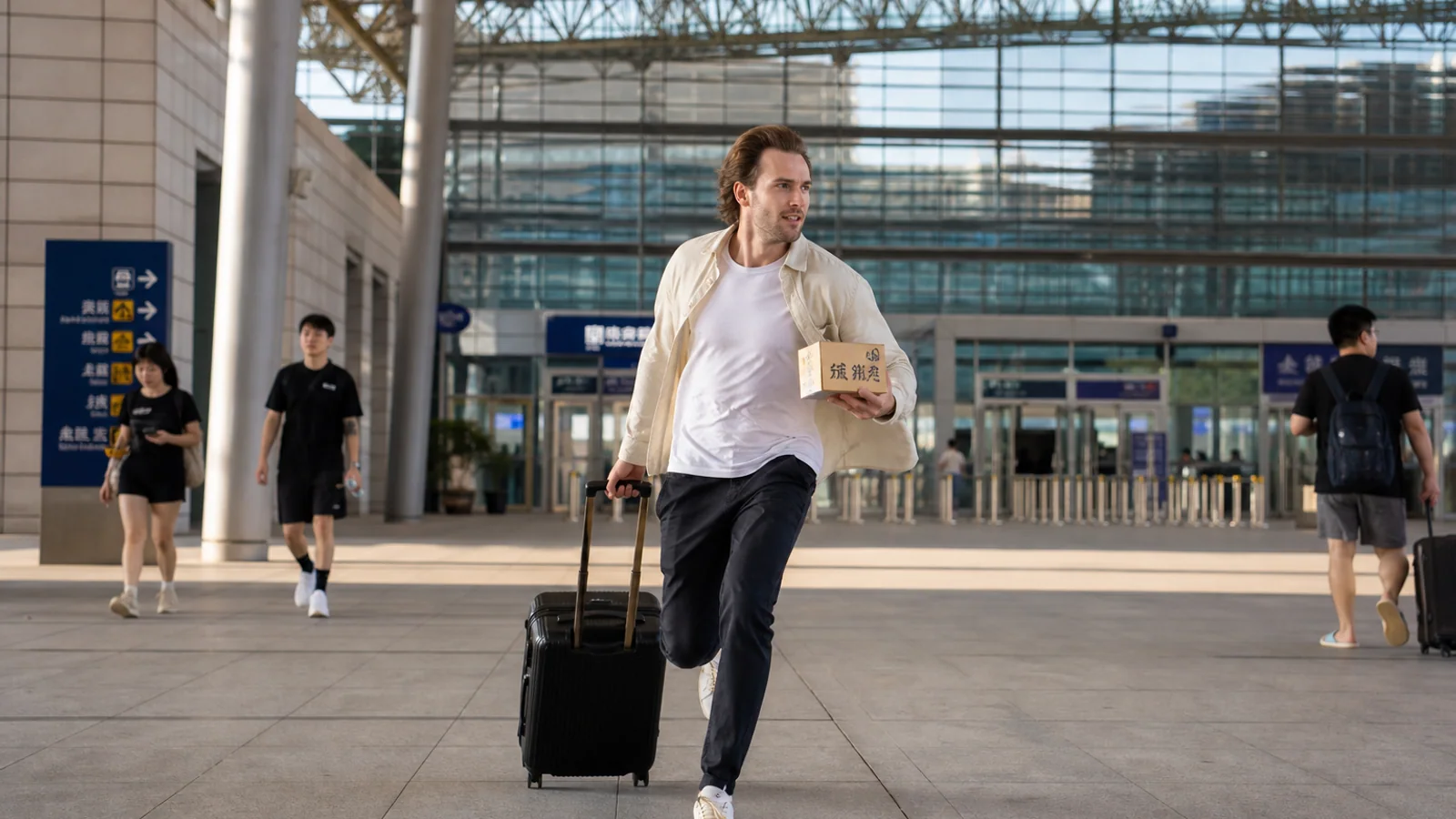 Traveler rushing with food box