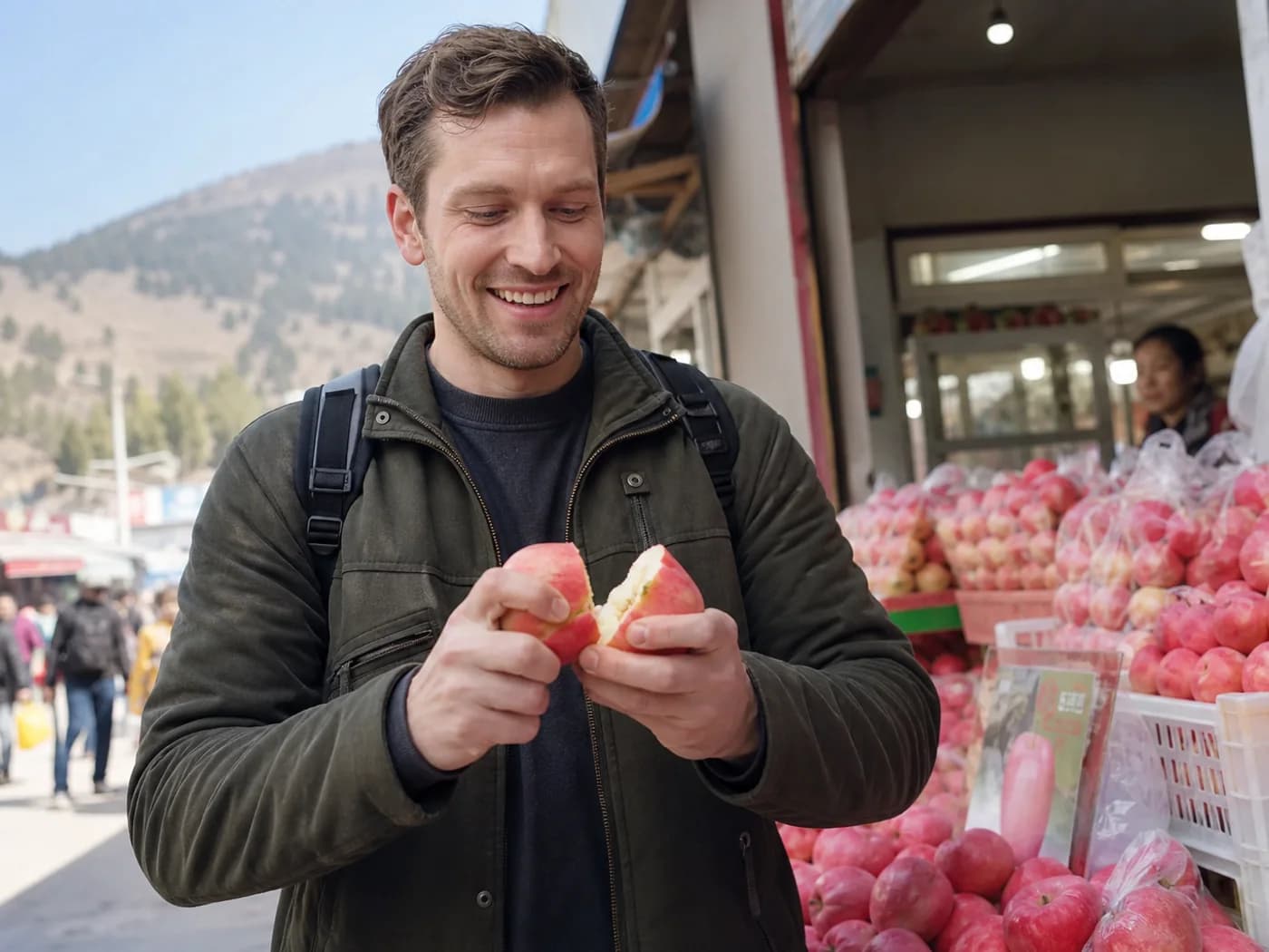 Traveler buying apples at Yantai market