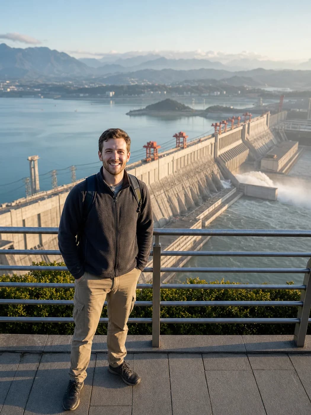 Traveler on Three Gorges Dam viewing platform