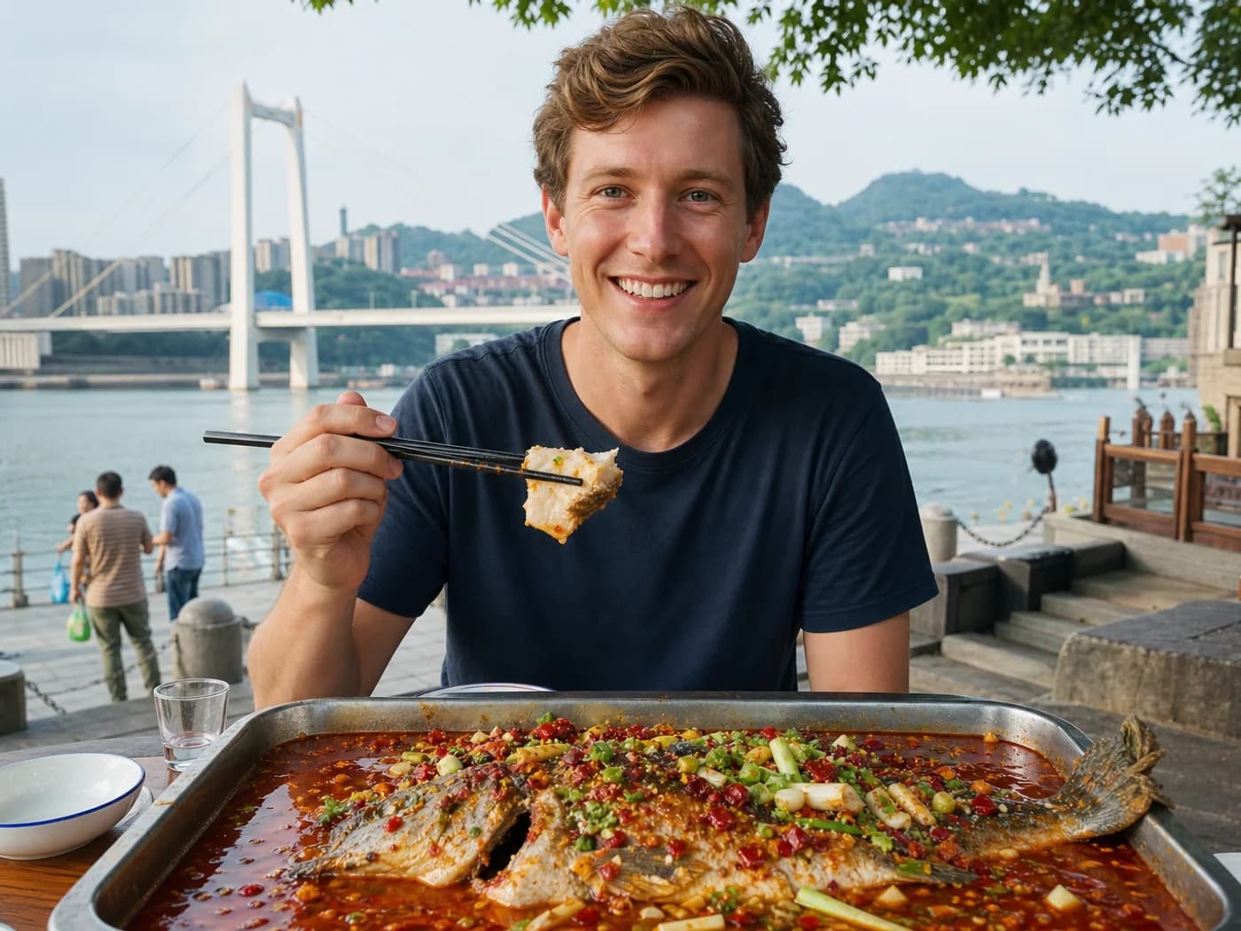 Visitors sharing Yichang fat fish