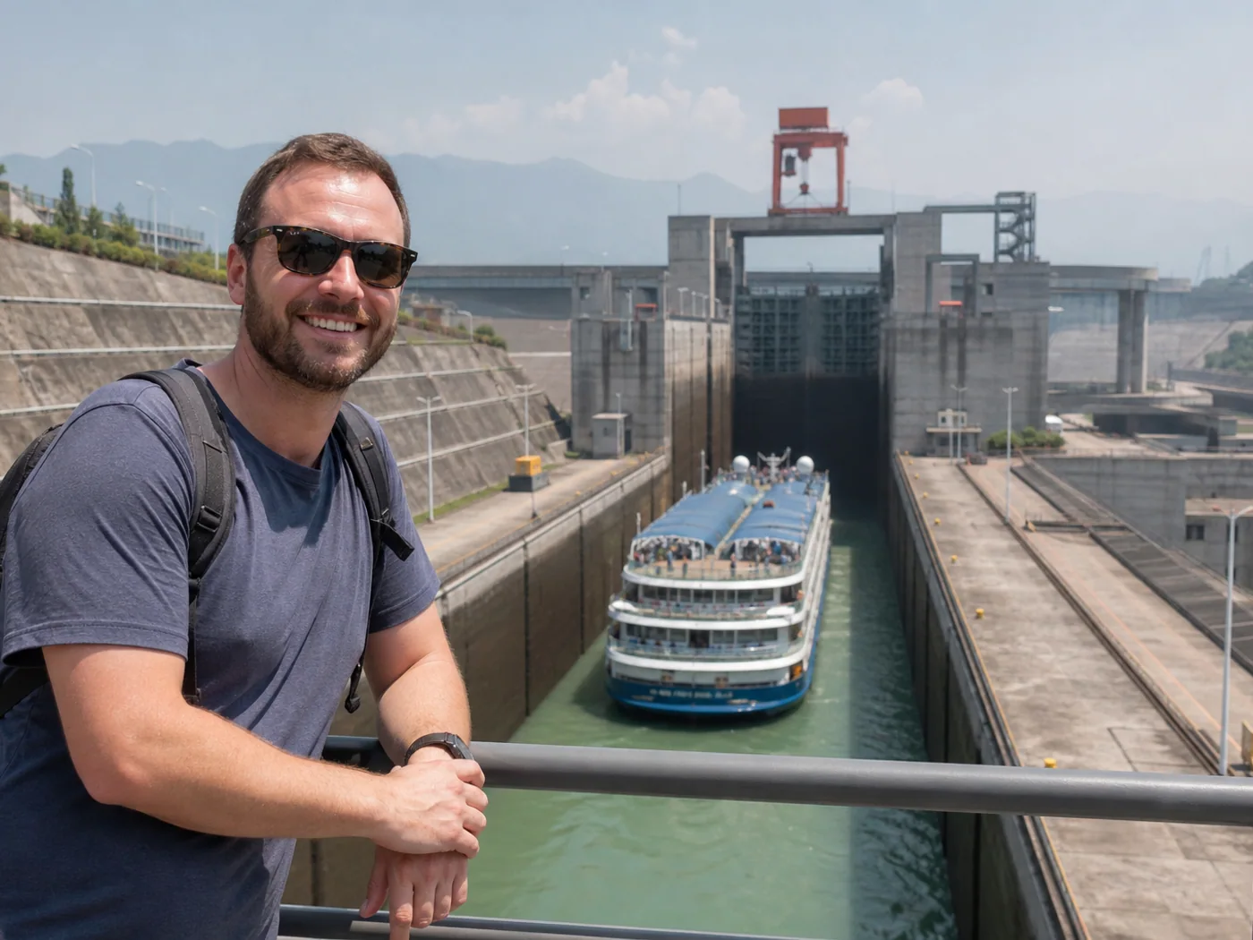 Travelers watching ship in Three Gorges locks