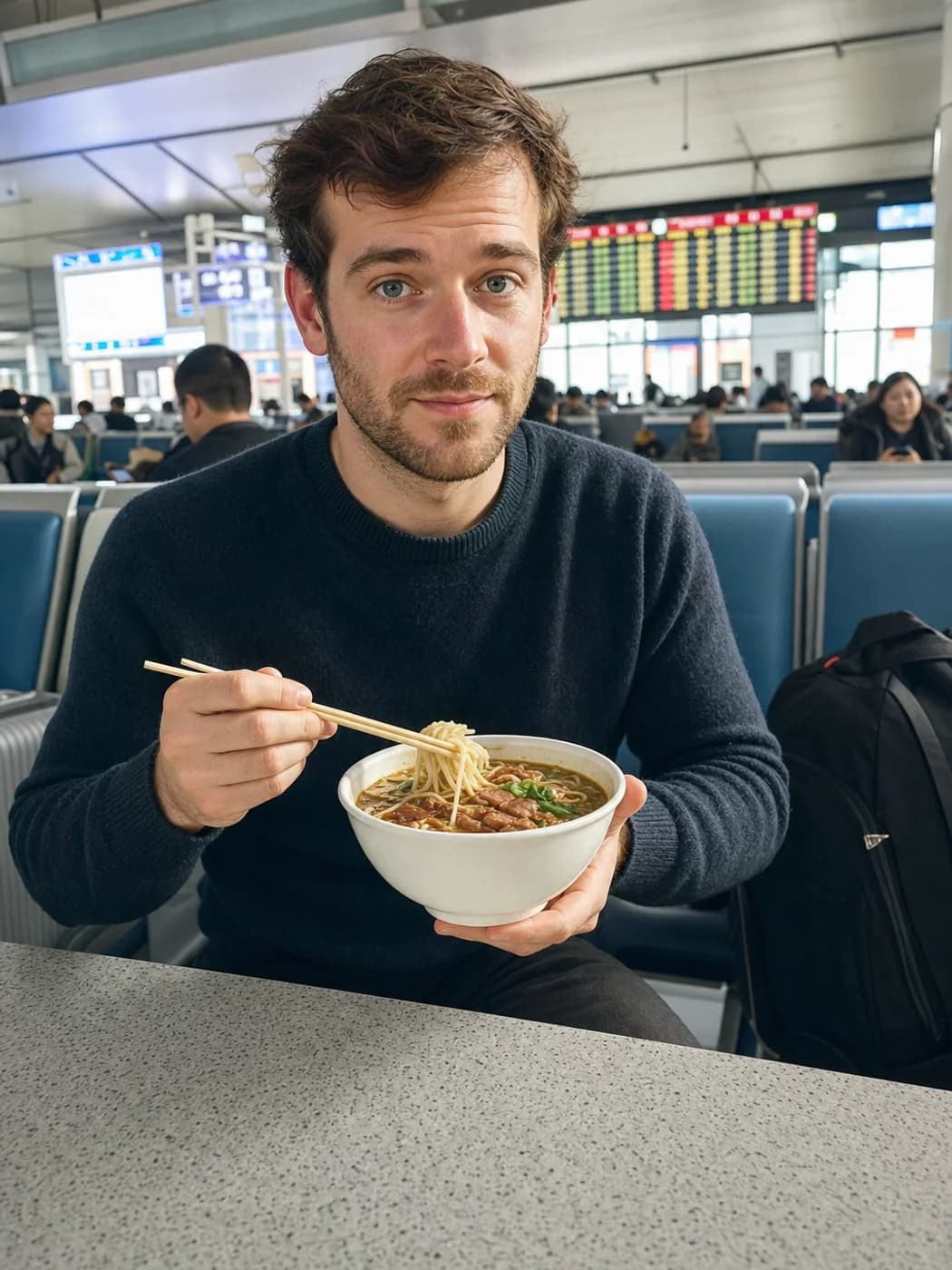 Traveler eating noodles during layover