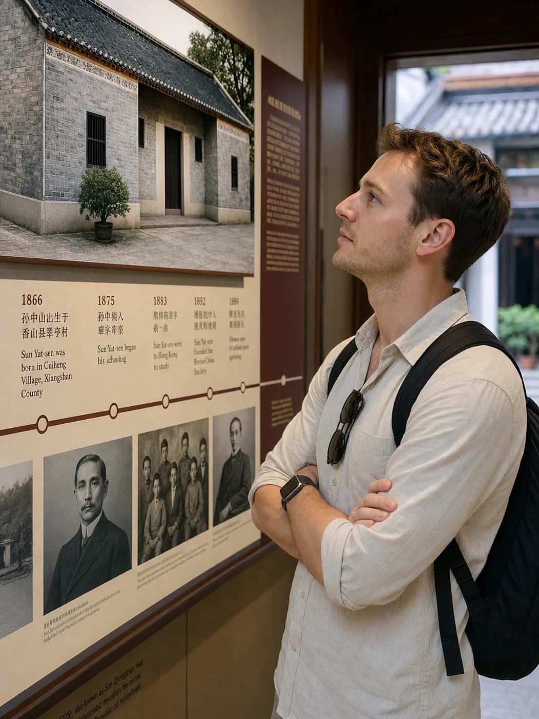 Traveler reading exhibit in hometown museum