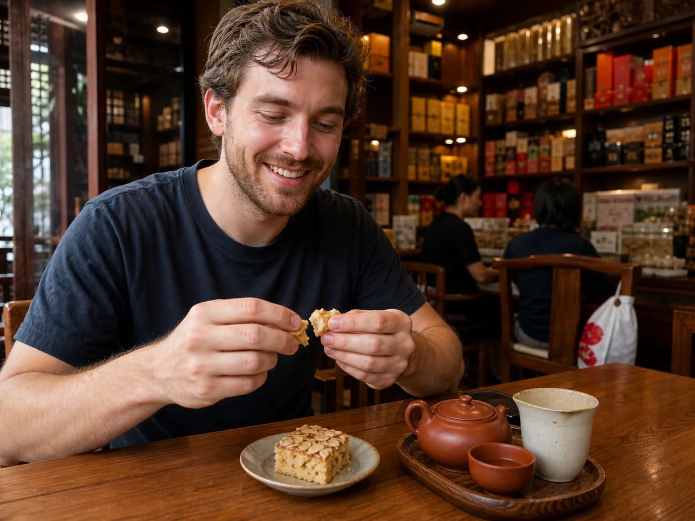 Travelers sharing almond cake