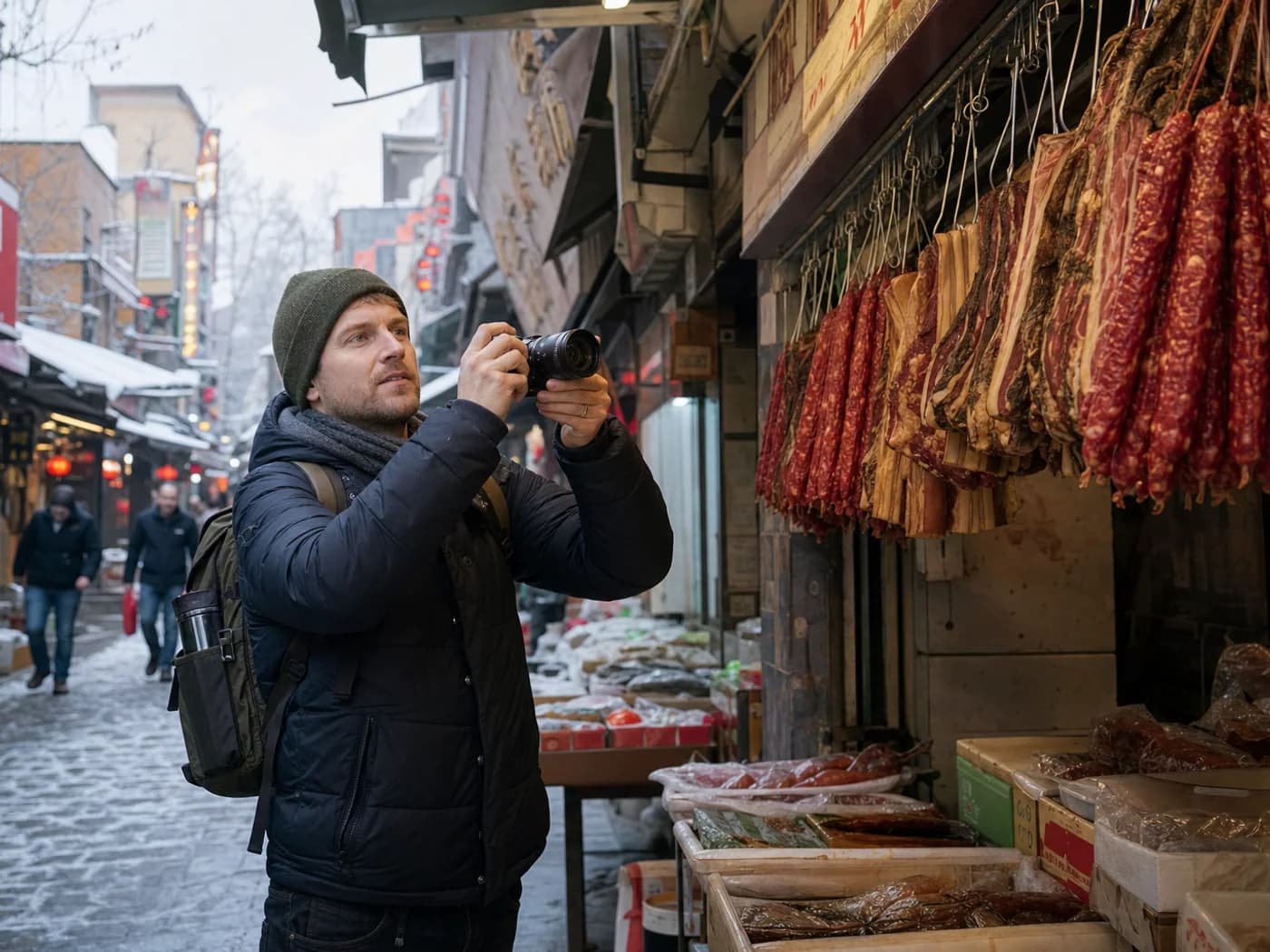 Traveler photographing cured meats
